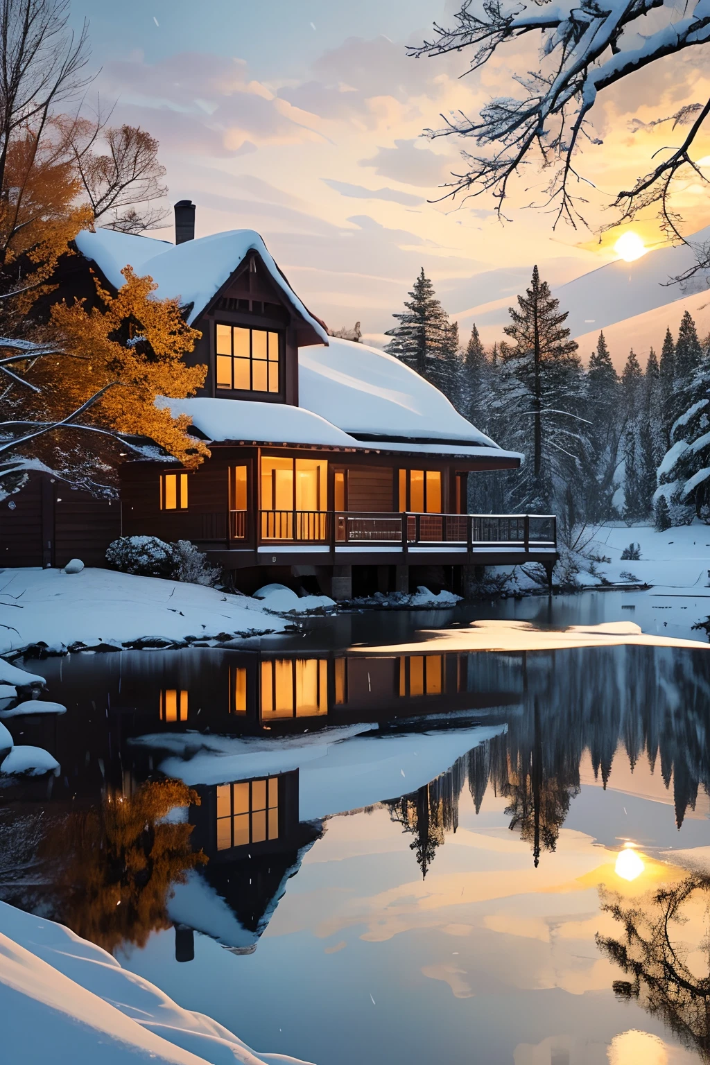 This stunning image captures a tranquil autumn scene on the edge of the water. In the foreground, a house sits perched on the edge of the water, its reflection shimmering in the glassy surface of the lake. The house is made up of a single, two-story structure, with a front porch and a few windows facing the lake. Snow is piled up around the house and the lake, giving the entire scene a peaceful, serene atmosphere. The sky is dramatic, but volumetric sunlight can be seen peeking through the clouds, casting a soft, golden light on the house and the lake. In the background, the trees stand tall and proud, their leaves in different tones of yellow and orange contrasting against the white of the snow. snowy mountains landscape background