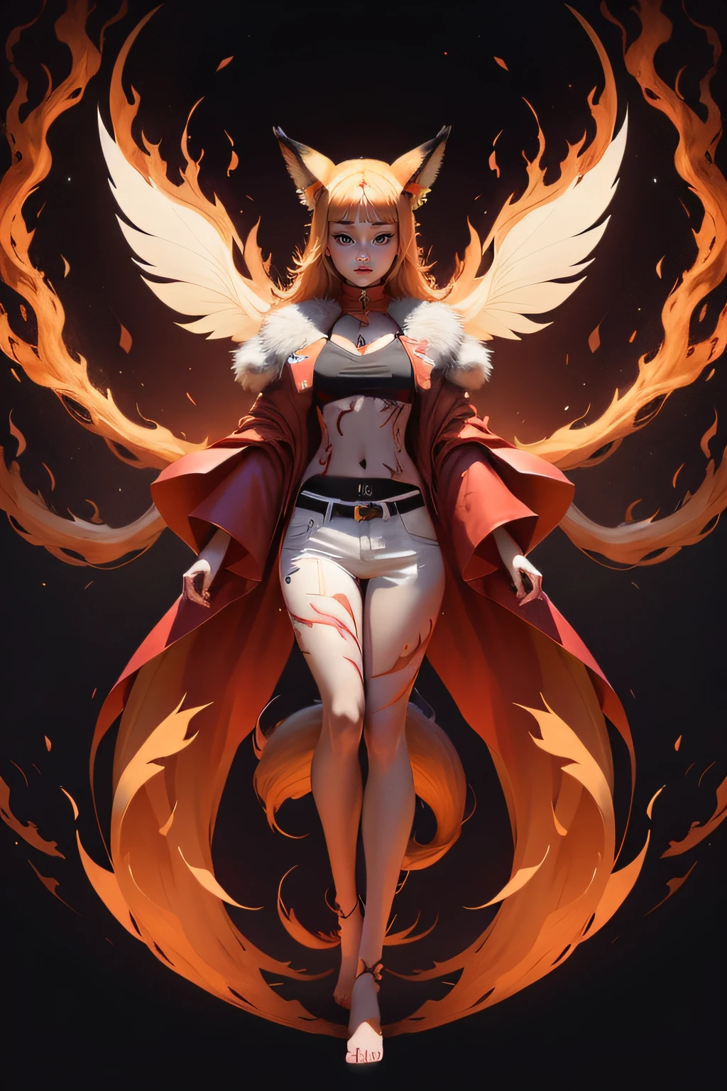 (Dynamic Angle:1.4), ((Full body posing:1.5), (Colorful:1.2), (Highly detailed CG Unity 16K wallpaper:1.1), (Denoising strength: 1.45), (tmasterpiece:1.37), ((Official art)), of the highest quality, (Realistic), Deformed Character, (Red hair:1.5),(Super long hair:1.2),(Phoenix Costume:1.5),Detailed eyes,(Golden Eyes:1.2),((Poses in motion:1.4)),((Phoenix Costume:1.3)),(large wings:1.2),((The floor is on fire:1.2)),(Cover with fire:1.3),wires, (LED:1.3), (a hologram:1.2), futuristic city street, Neon light, Skyscrapers, (Night:1.2), (Rainbow Model:1.2), 8K resolution, (Anime style:1.3), Cinematic lighting, chromatic abberation, spark of light, Ray tracing, blending, ultra wide-angle, Hasselblad, (masutepiece), (masutepiece), ((Best Quality)), ((masutepiece)), nffsw