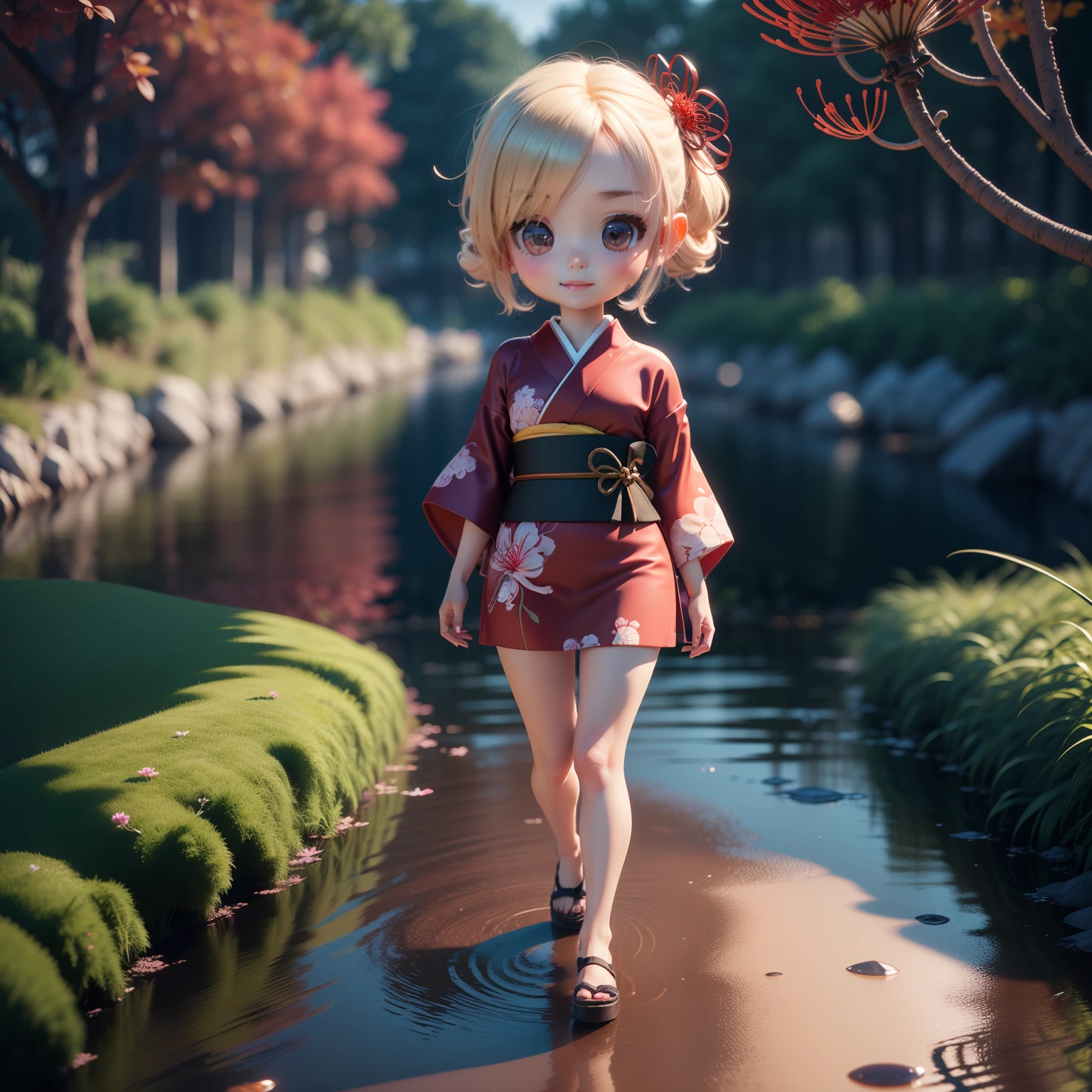Cute Baby Chibi Anime、(((chibi 3d))) (Best Quality), (masutepiece)、Red kimono, (plein air:1.2), (Red Spider Lily: 1.4) (She walks along a dimly lit path on the riverbank.:1.2)A detailed face、Open your mouth and smile、a small face、Detailed details、Standing、Spider Lily ornament hair ornament