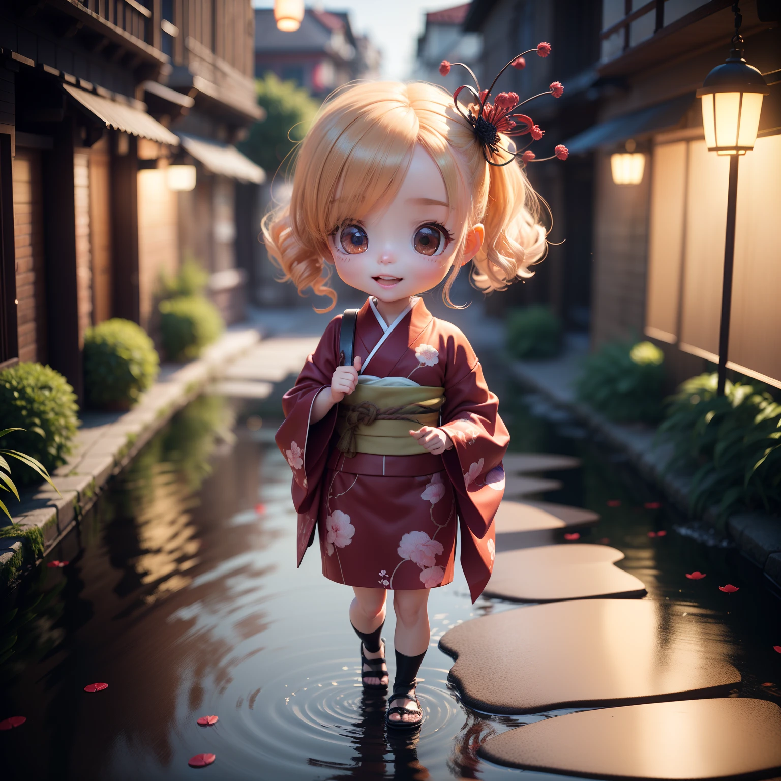 Cute  Chibi Anime、(((chibi 3d))) (Best Quality), (masutepiece)、Red kimono, (plein air:1.2), (Red Spider Lily: 1.4) (She walks along a dimly lit path on the riverbank.:1.2)A detailed face、Open your mouth and smile、a small face、Detailed details、Standing、Spider Lily ornament hair ornament