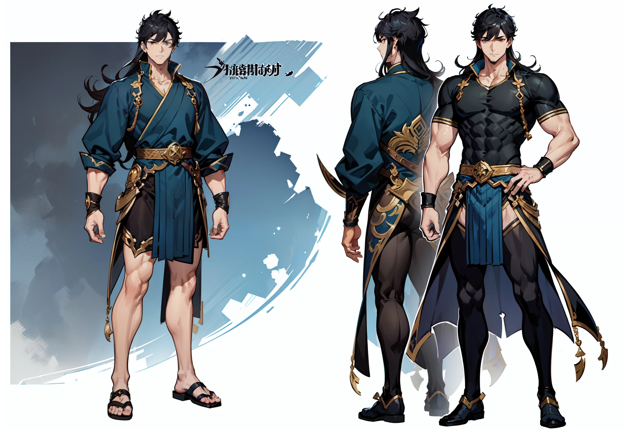 1boy, single, asian boy,  in GRANBLUE FANTASY style and Yusuke Murata, reference sheet, character design, front angle, side angle, rear angle, dynamic poses, tall man, muscle tall male, muscle handsome (masterpiece:1.2), (best quality:1.3), fantasy outfit, muscle body, athletic muscle body. (Black eyes), (long hair), (long bangs), (black hair), (pale skin), (reference sheet:1.5)