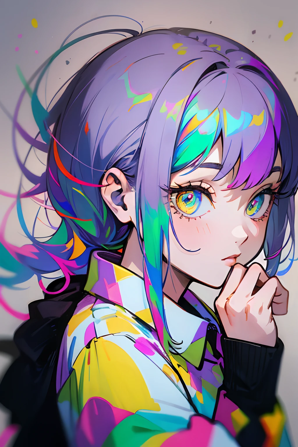 1girl, camisa manga larga, black pant, sentada, Las mejores sombras, (highest qualityr, Detalles asombrosos:1.25), Pinturas coloridas brillantes, Arte lineal