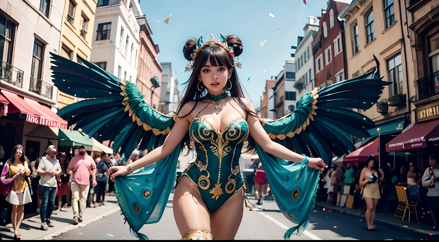 1girl, a full body potrait of beautiful sexy women parading in Carnival, bun hair, ornate hair, armlet, earring, necklace, ornate blue kebaya, big wings, gigantic wings, peacock wings, kebaya costume, fur suit, colorful dress, peacock dress, with peacock costume, make up, thick thigh, slim, thigh gap, in frame, centered, big breasts, beautiful body, in a realistic 4k photo. Put the photo in an upscaling process for an even better result, colorful costumes, all intricate, full body, walking in city street, summer, sunshine backlight, headdress, colorful confetti, detailed face, detailed costume, sweaty, blurry background, focus, facing camera, looking at viewer, fish eye, fantastic, epic, amazing, 8k, 16k, masterpiece, best quality, huge wings,