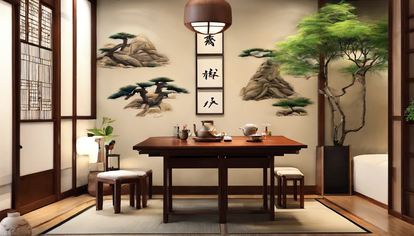 Image quality requirements:Highest image quality
Tea room layout:This Chinese tea room is designed to be serene and elegant。The room has a set of low, typical Chinese coffee tables,There is a teapot on top、Tea cups and tea leaves。The interior layout is simple,It is mainly convenient for making tea and tasting tea。
Decorative style:Traditional Chinese calligraphy and ink paintings hang on the walls,It highlights the profound heritage of Chinese culture。A pot of well-manicured bonsai is placed in the center of the room,A natural element is added to the tea room。
Color and material:The main colors of the room are dark wood and light beige,It creates the warmth of a traditional Chinese home。Furniture is usually made of noble woods such as mahogany,Carved,Superb craftsmanship is shown。
Curtains and windows:Curtains are traditional silk curtains,Can block sunlight,Keep the tea room quiet。Outside the window is an exquisite Chinese courtyard or garden,Visible through the window。
Tea sets and accessories:On the coffee table are tea sets made of porcelain,Teapot included、teacup、tea cans, etc。There are also some classical ornaments inside,Such as porcelain、Calligraphy, paintings and carvings。
Ambient:This Chinese tea room creates tranquility、Peace and tasteful atmosphere,It's meditation、The perfect place to meditate and enjoy traditional tea culture。
