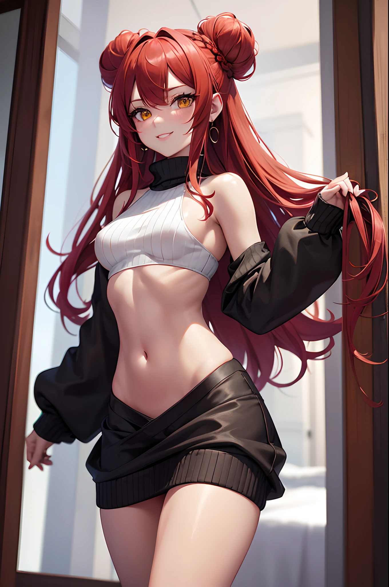 Detailed image of a , Long red hair loose in a tousled aesthetic bun, sharp, seductive yellow eyes, Beautiful face, smiling, full lips, dog-eared, with earrings, small breasts, blushing eye shadow, long thick eyelashes, posing coyly, dressed only in a low-cut sweater, small waist, wide hips, large round buttocks, beautiful thick bare thighs, view from below, shallow depth of field, volumetric lighting, Shadow Enhancement, Detailed cityscape, Shoulder blades (Highest quality, Amazing details: 1. 25), (only: 1.3), Bright colorful paintings.