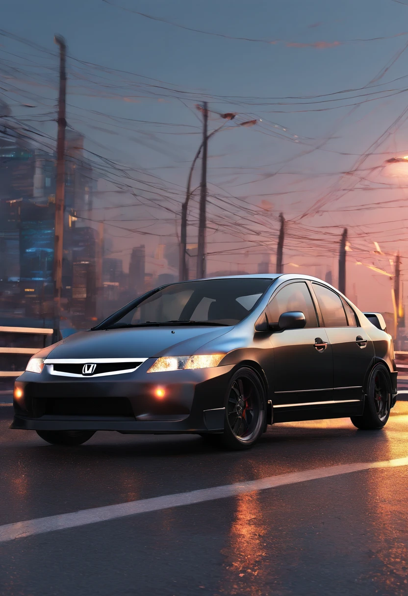 ((best quality)), ((ultradetailed)), ((masterpiece)), illustration,
Rainy night, honda civic, 2005 model 4 door, matte black color, low profile wheels, big black rim, highway, chase from behind, dark shadow, imposing bodywork, expansive expressway, toll booth, highway exit, fear.