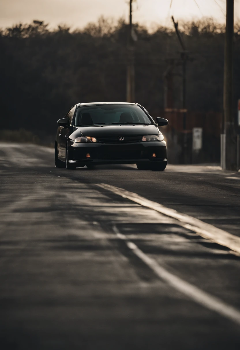 ((best quality)), ((ultradetailed)), ((masterpiece)), illustration,
Rainy night, honda civic, 2005 model 4 door, matte black color, low profile wheels, big black rim, highway, chase from behind, dark shadow, imposing bodywork, expansive expressway, toll booth, highway exit, fear.