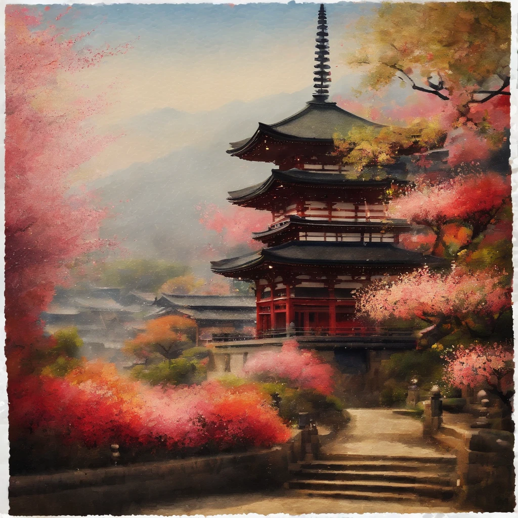 (best quality,masterpiece:1.2), Soft focus, Bright gradient watercolor, Dreamy, White background, Temples in Kyoto