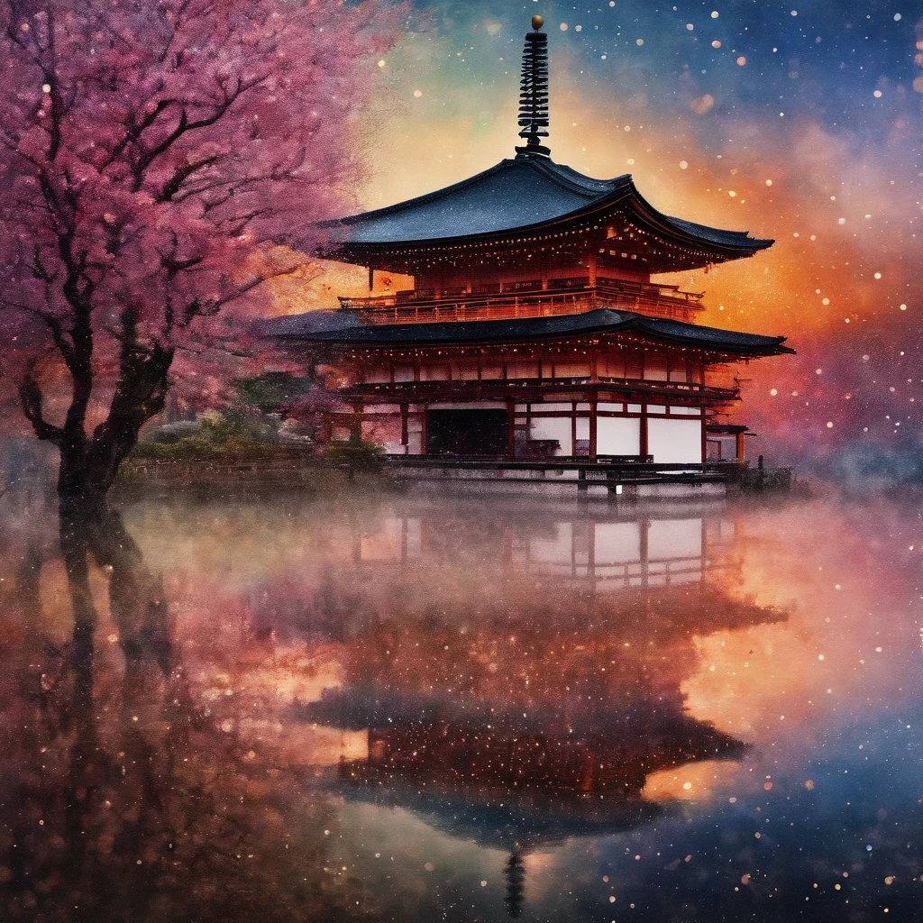 (best quality,masterpiece:1.2), Soft focus, Bright gradient watercolor, Dreamy, White background, Temples in Kyoto