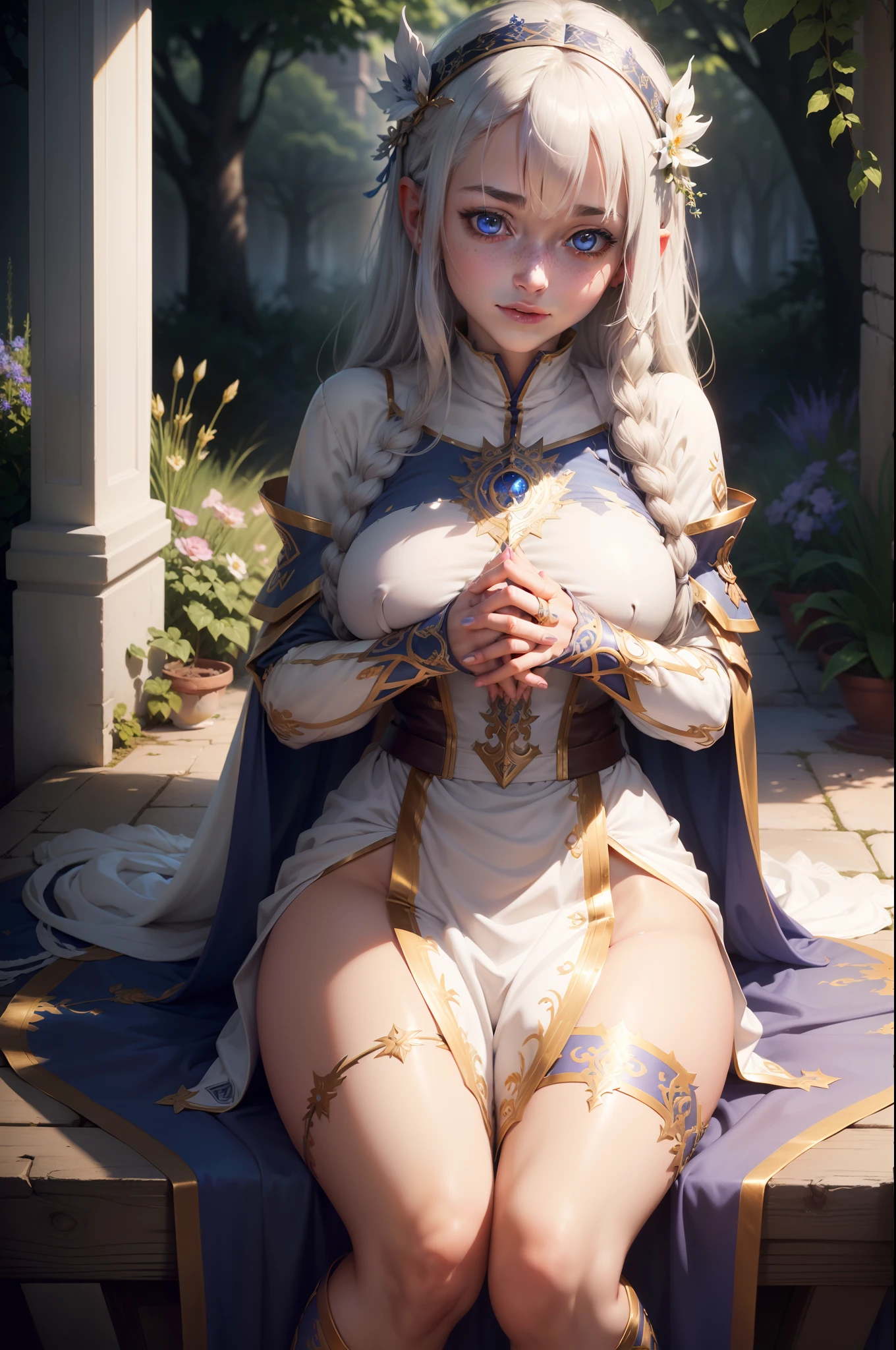 1 girl, goblin slayer, Priestess, mature, petite, ((blue eyes)), knee long hair, tight white boots, ((priestess)), ((masterpiece, top quality, best quality, official art, beautiful and aesthetic, extreme detailed, colorful, highest detailed ((ultra-detailed)), (highly detailed CG illustration), ((an extremely delicate and beautiful)), cinematic light, side view, garden, praying, head down, sitting,Detalles complejos, hyper sexualizada, hyper provocativo, Sensual, sonrisa pervertida, hyper ta, Pezones erectos, cameltoe completo, Hiperresolución, pecas llenas, labios gruesos y jugosos, Grandes ojos, barely revealing clothes, exposed nipple, expose pubic hair