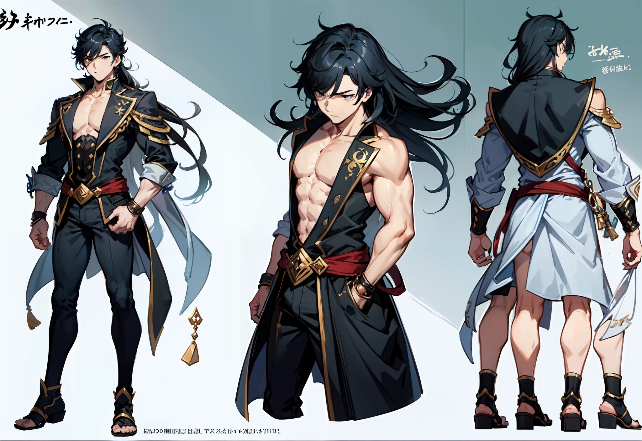 1boy, single, asian boy,  in GRANBLUE FANTASY style and Yusuke Murata, reference sheet, character design, front angle, side angle, rear angle, dynamic poses, tall man, muscle tall male, muscle handsome (masterpiece:1.2), (best quality:1.3), fantasy outfit, muscle body, athletic muscle body. (Black eyes), (long hair), (long bangs), (black hair), (pale skin), (reference sheet:1.5)