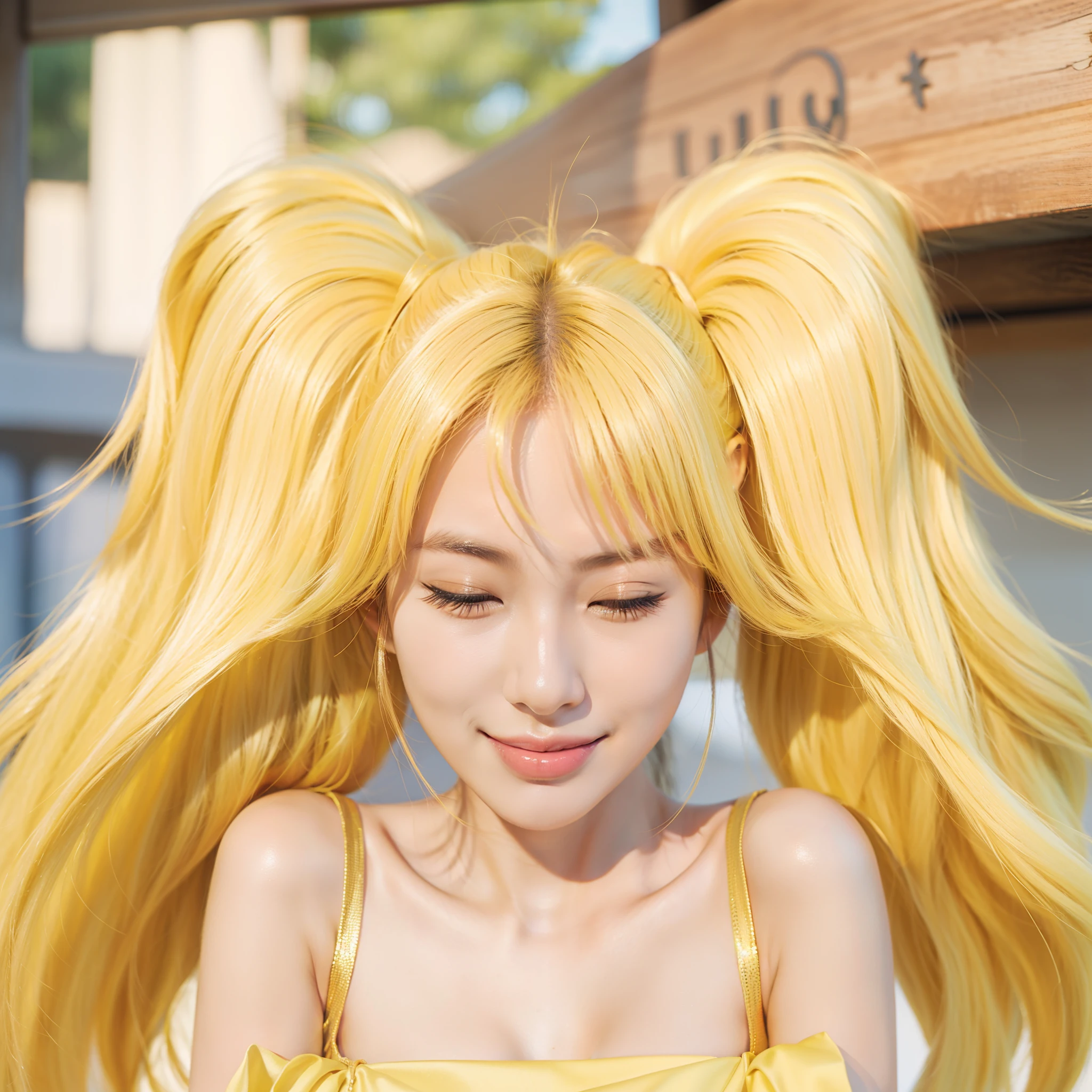 Real life adaption of this character , Korean beautiful face ,realistic long yellow hairstyle,realistic same outfit,hyper realistic,realism,realistic light,realistic shadow(photorealistic:1.2),smiling expression with closed eyes