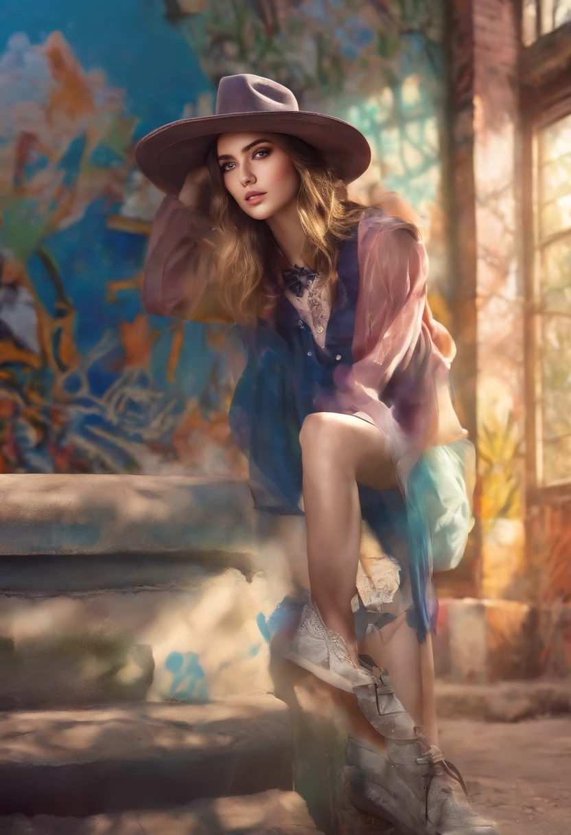 (Best Quality), Masterpiece, Highly detailed CG uniform 8K illustration, High Color, Very high saturation, All the colors have darkened, paints, Graffiti art, Center composition, Very delicate light and shadow, Graffiti Wall, The walls were brightly painted, 1 Girl Doodle 1 Girl looking at the wall, highly detailed face and eyes, middle length hair, Sportswear, Colored clouds,cowboy shot