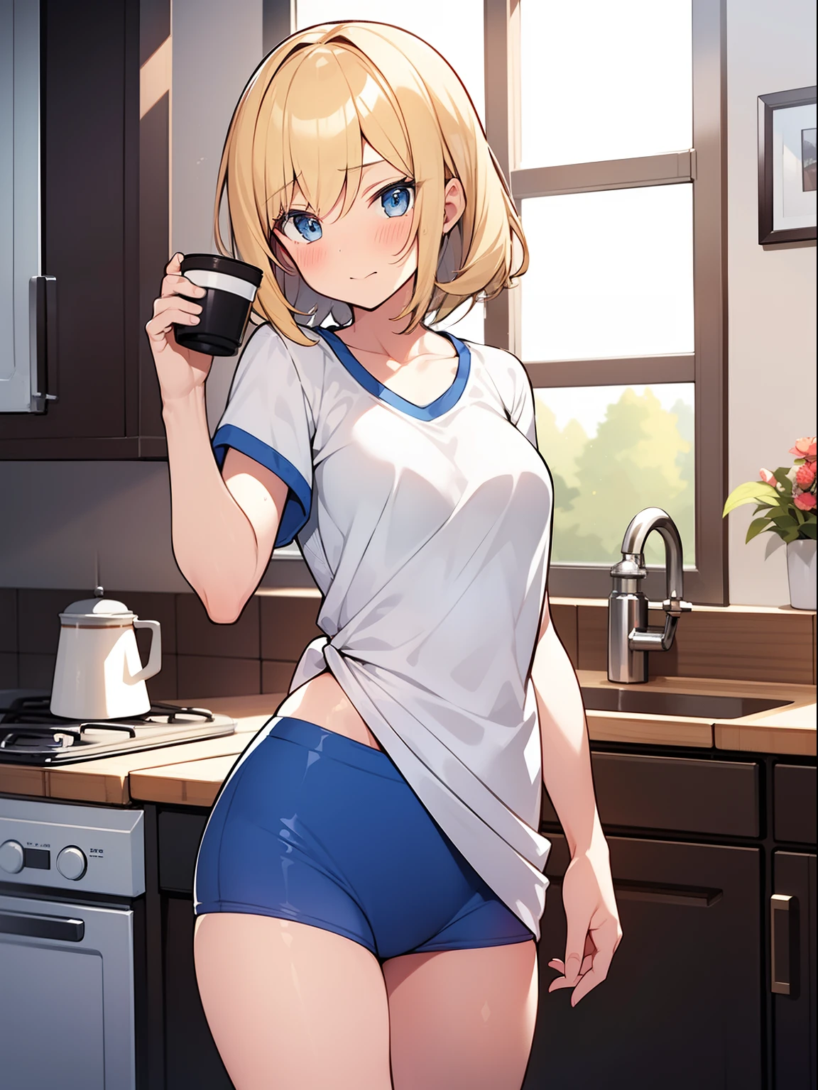 Modest, Shy, Infinitely cute and beautiful, sporty figure, pumped up athletic girl ; Blonde with short hair, with small neat elastic breasts; with relief muscles; big shiny blue eyes, long eyelashes, A slight blush, Carefree facial expression, laughter, cheerful; tshirt, briefs; A cup of coffee in his hand; morning, The sun's rays from the window, Cozy kitchen of the women's dormitory;; Full-length photography from a short distance; Anatomical realism, higly detailed, high quality textures