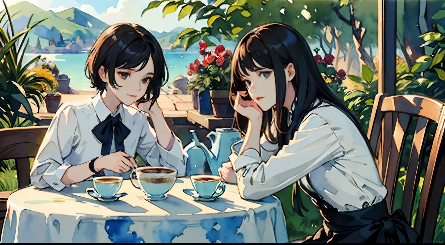 ((Watercolor by singer Sargent))、(top-quality、masterpiece)、Delicate, In coffee, Cats, Plants, The table, Two girls drinking coffee,soft sunlight、