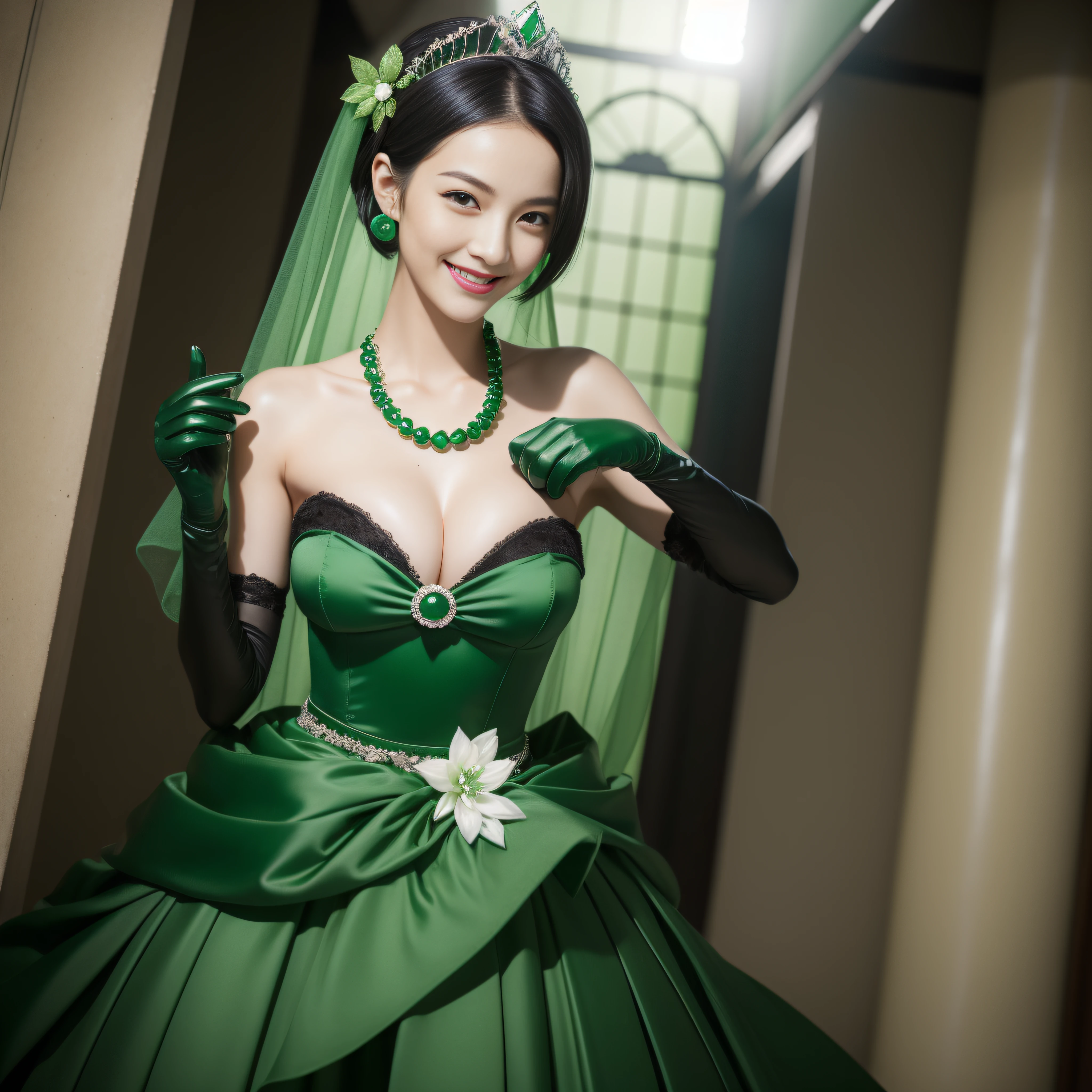 Boyish very short black hair, lipsticks, Japan woman smiling, Green Long Grove, Emerald Tia boyish very short black hair, lipsticks, Japan woman smiling, Satin green long gloves, emerald tiara, Green Pearl Necklace, verd s eyes, Green eyes, Long green gloves made of satin material, big breasts beautiful, Green Bridal Veil, Emerald Earrings