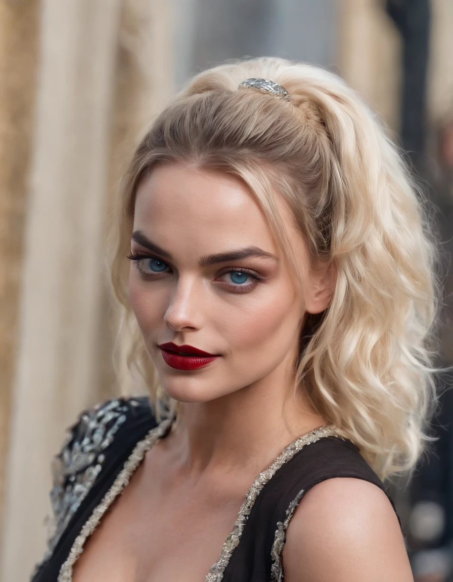 [Cara Delevingne] como [Daenerys targaryen] as a real life version of (Daenerys targaryen),Targaryen white hair, with (sexy dress), (sexy neckline), charming smile, olhos perfeitos, Beleza perfeita, olhos perfurados, obra de arte, linda mulher, Rainha, Dragonstone Princess, melhor qualidade, um pequeno, beleza charmosa, uma mulher cativante, Attractive appearance, unparalleled beauty, a A Guerra do Tronos-inspired costume, A close-up of a woman from the Middle Ages, Cena de "A Guerra do Trono," decote profundo, princesa guerreira, Healthy body, Figura atraente, estilo de "A Guerra do Trono," beautiful lady, linda mulher, roupas medievais, mulher deslumbrante, 8k, detalhes insanos, vestido feito de roupas e joias, cabelo perfeito, cabelo penteado, Olhos de alta clareza, perfect hands, dedos perfeitos, olhos perfeitos, Ultra realistic, highly detailed intricate, photorealistic style photography, sharp focus on the eyes, cinematic lighting