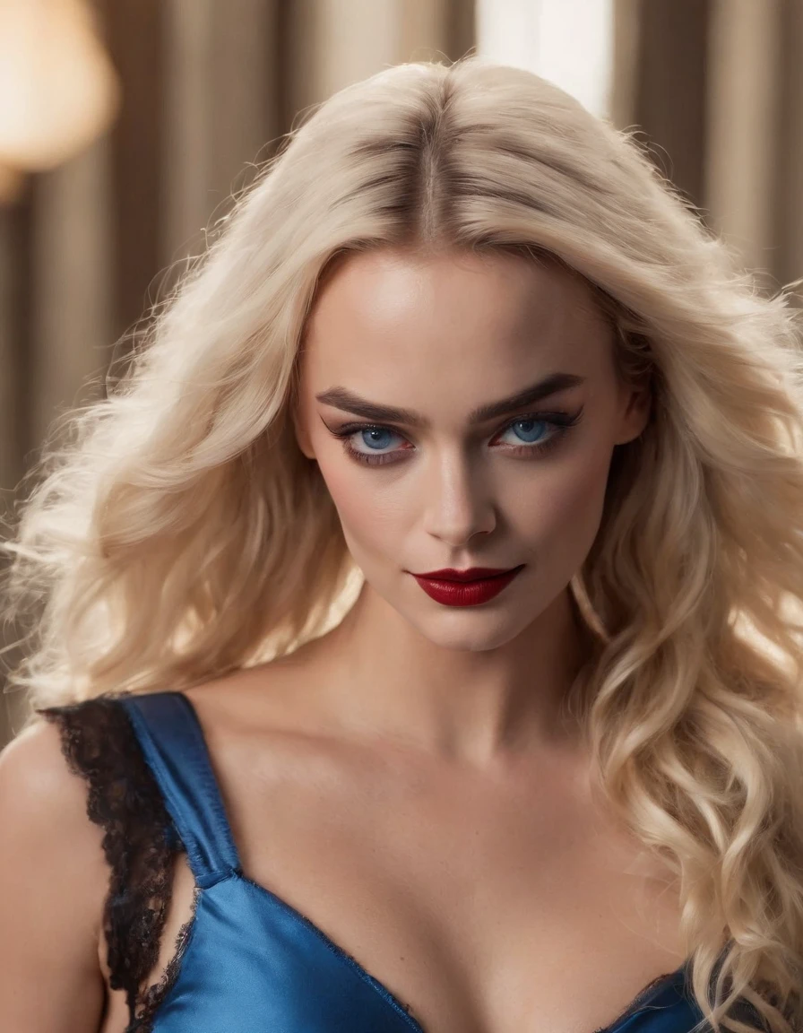 Margot Robbie,Harley Quinn(beautiful and bold, seductive and attractive, blue eyes, , long curly black hair, sweaty body, open shirt, short shorts, me, boot, thick legs). (Sexy makeup, cinematic effect), (Best quality, masterpiece, depth of field, Full HD, 4K, richness of detail). Portrait style