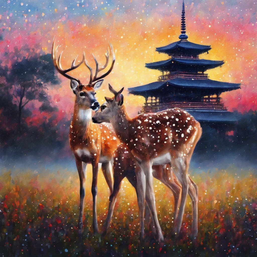 (best quality,masterpiece:1.2),soft focus,bright gradient watercolor,dreamy,white background,Nara Temples,deers