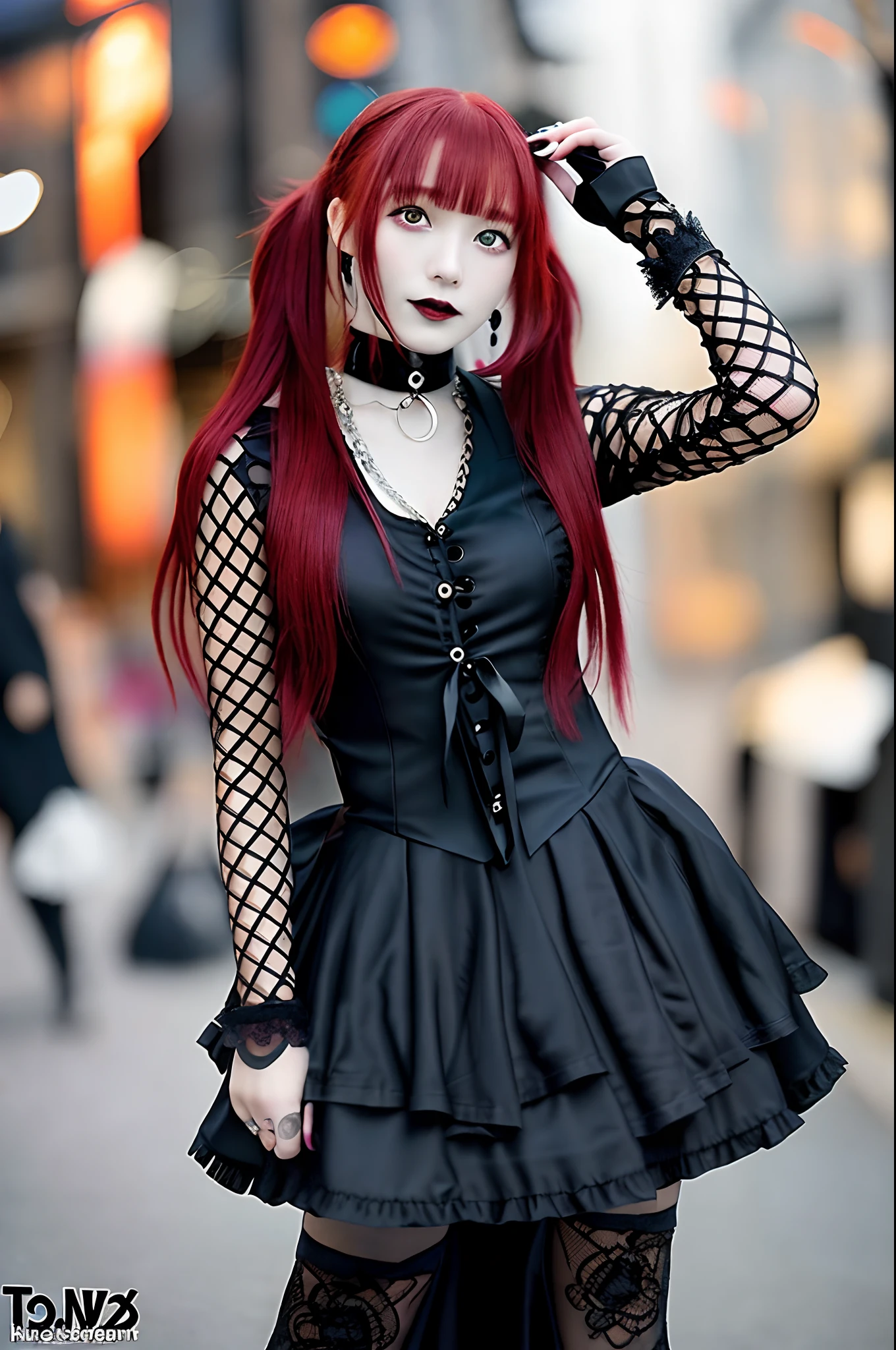 Close up portrait of red-haired woman in black dress, 1 7 - year - old anime goth girl, wearing modern gothic clothes, gothic outfit, Gothic Wear, japanese gothic, 1 7 - year - old goth girl, gothgirl, Gothic fashion, goth style, Gothic Girl, Gothic clothes, wearing a gothic dress, gothic styles, Gothic!!