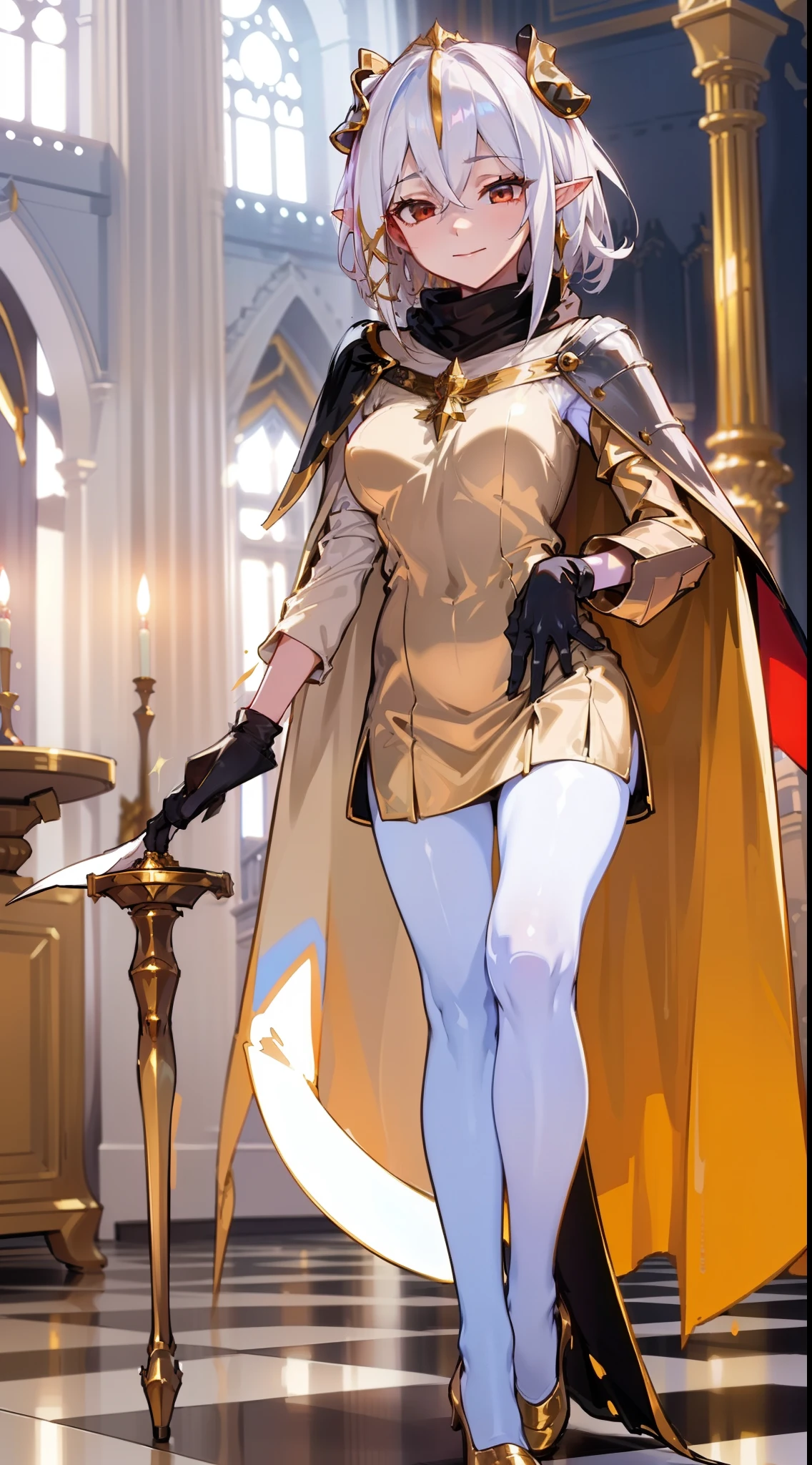 1girl,20 years,solo,happy,white and golden short dress,medium tits,white hair,short hair,red eyes,elves ears,pantyhose,golde tiara,Detailed ,gold high heels,Luxurious Gold Decoration,black gloves,(((long cape))),(((walking on a room inside a castle)))
