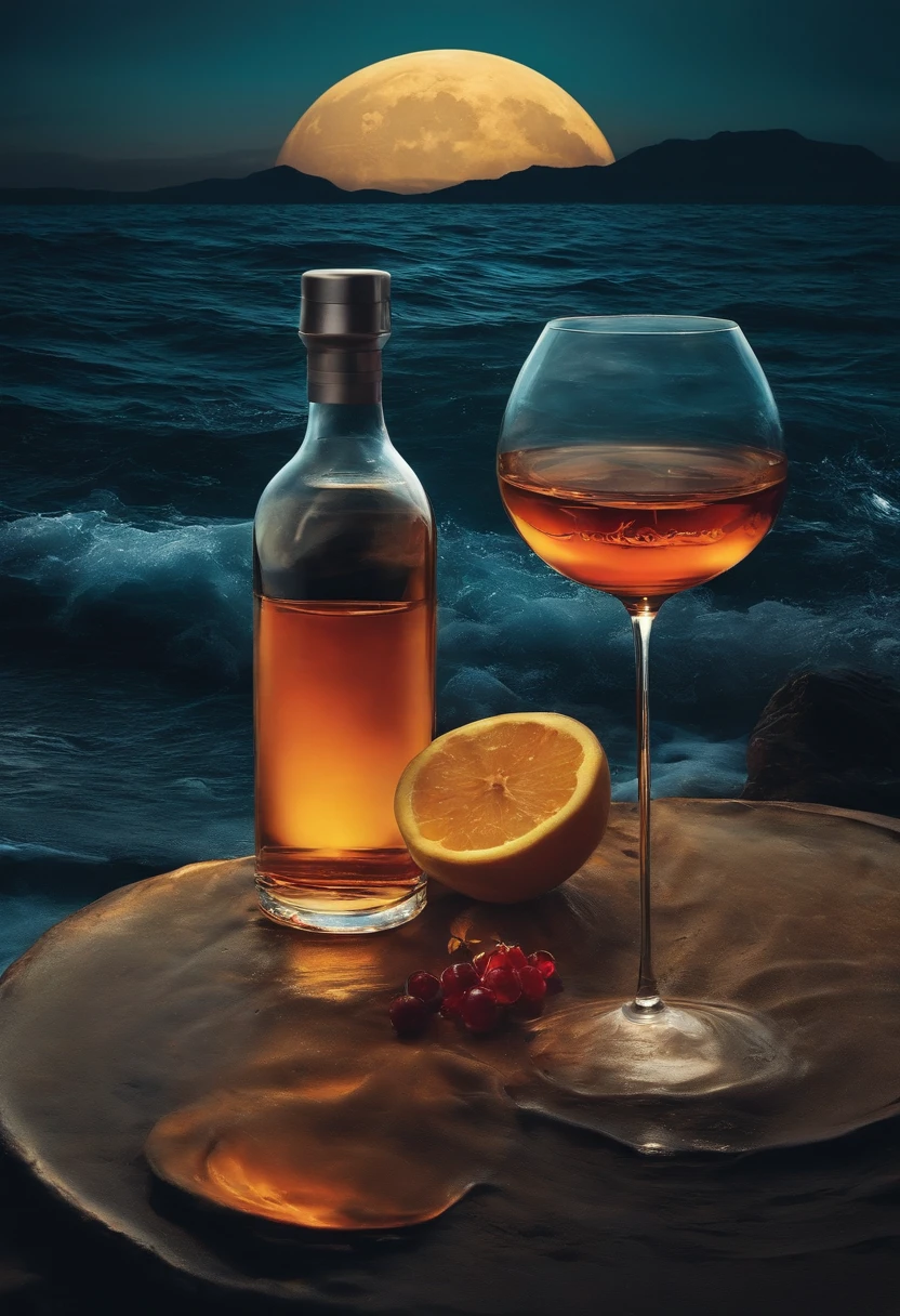 Noisy record covers,The main object is a bottle of high-end liquor,The background is the moon and the sea