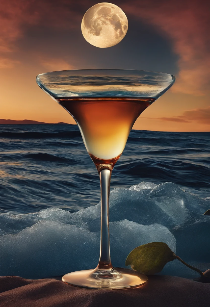 Noisy record covers,The main object is a bottle of high-end liquor,The background is the moon and the sea