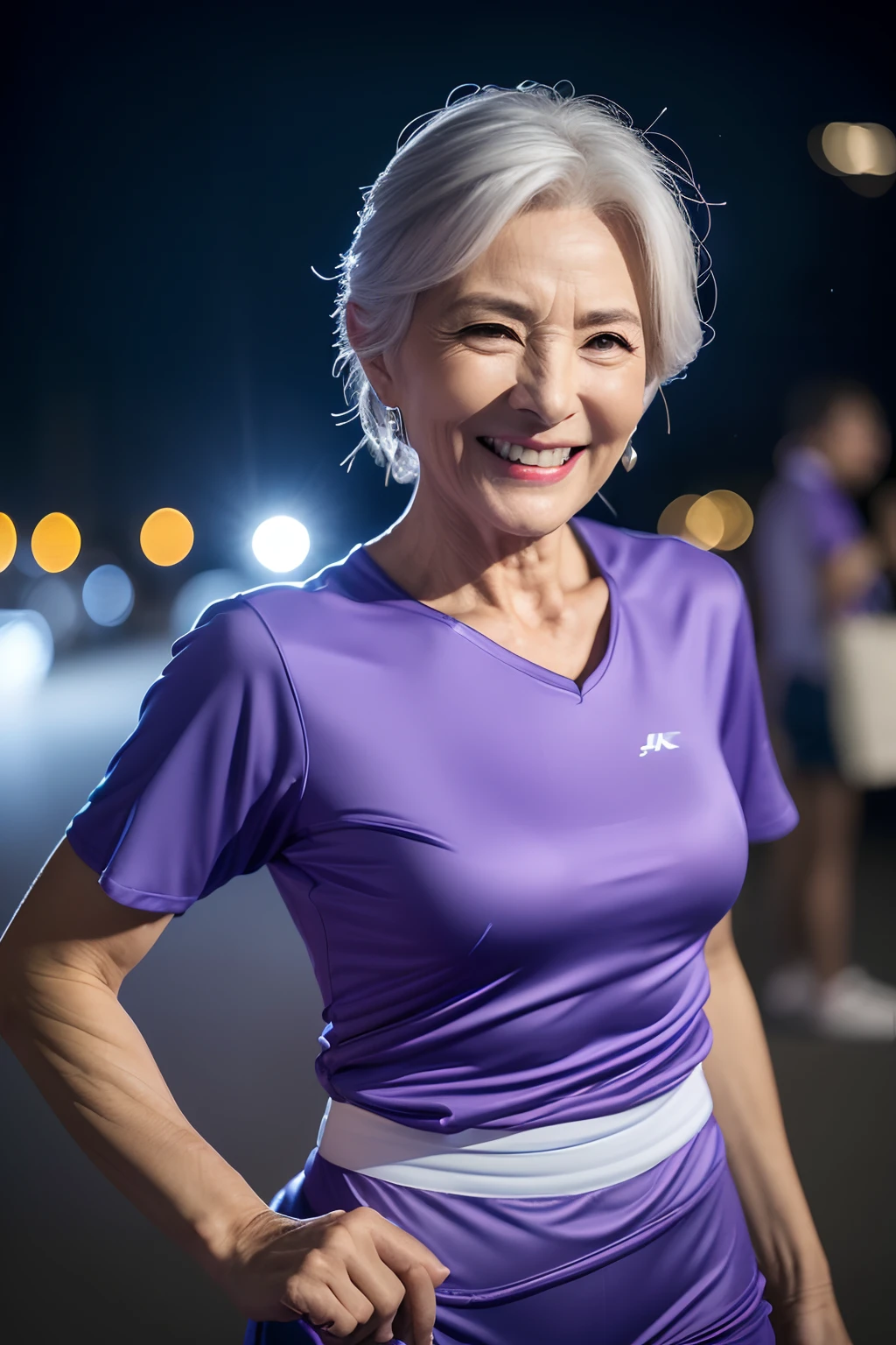 ((Realistic lighting, best qualtiy, 8K, tmasterpiece:1.3)), sharp fokus:1.2, , Perfect figure，60 years old，woman, ((Gray hair)), (Purple attire:1.4），（（Beads of sweat on the abs）），wiping sweat，sport，Street at night，big laughter，Ultra-fine face，Fine eyes，二重まぶた
