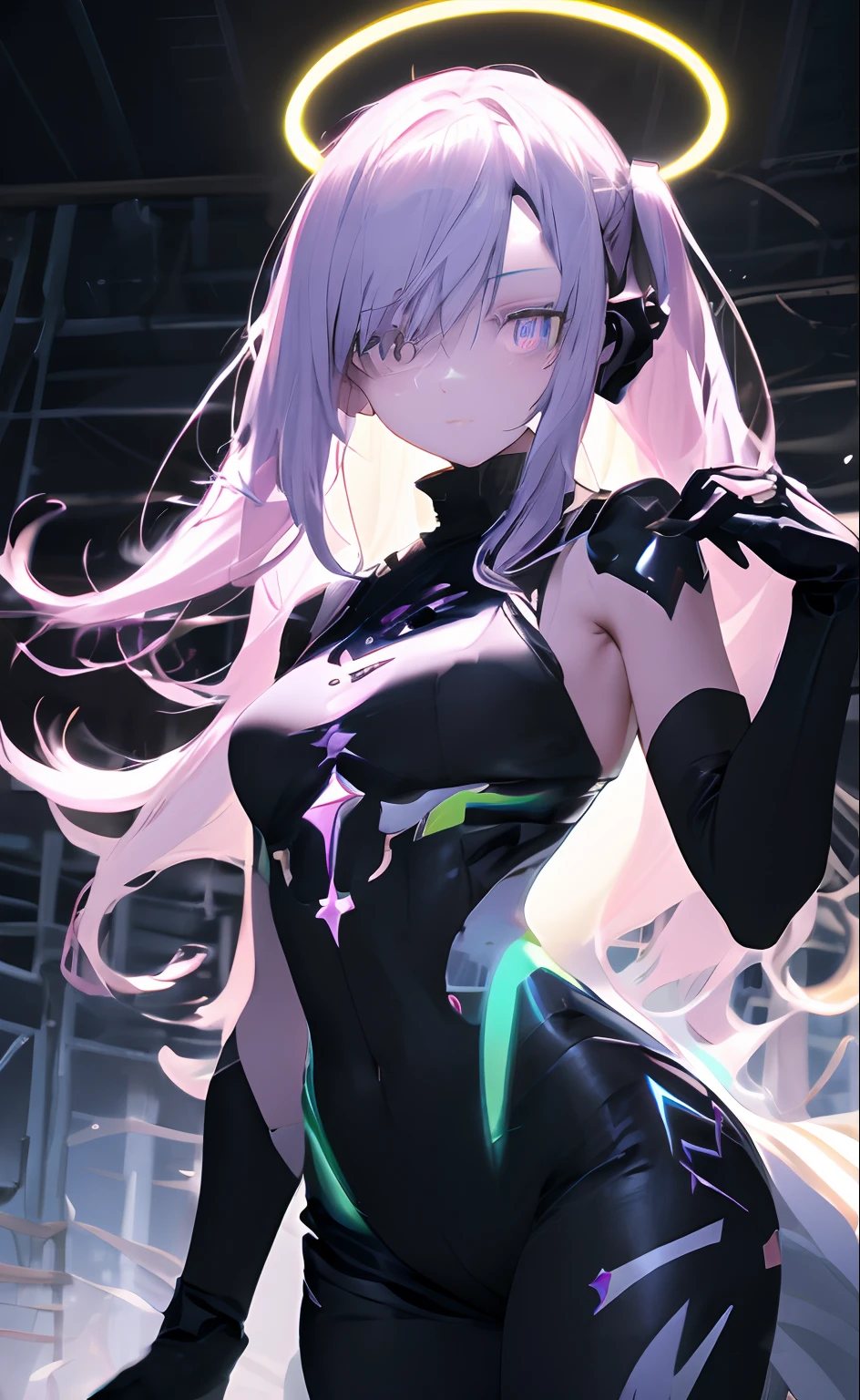 light skin girl, red eyes, lilac hair. super details, with a heroine costume with black and neon purple details. with a serious look