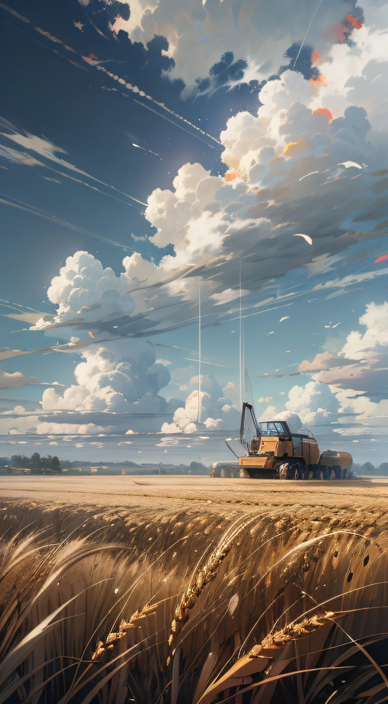 A panorama of a crop，blue sky with white clouds，Yellow wheat fields，There are a few trees scattered around，The harvester harvests wheat at a distance，