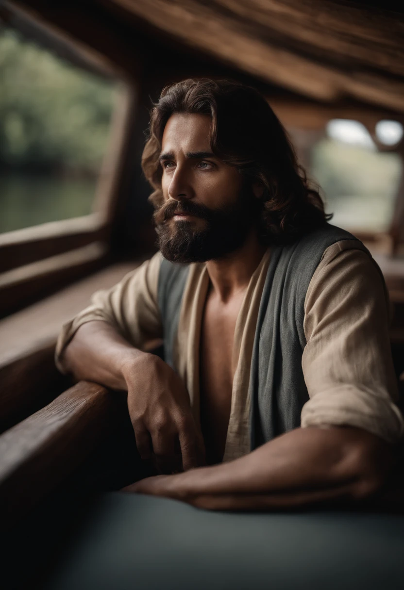 Jesus, sentado dentro de um barco de frente com as suas vestimentas , O barco tem um teto e ele tem uma vela ao lado, the boat is on a river, The bench he's sitting on is very humble;, Wise, cabelos compridos barba e bigode pretos