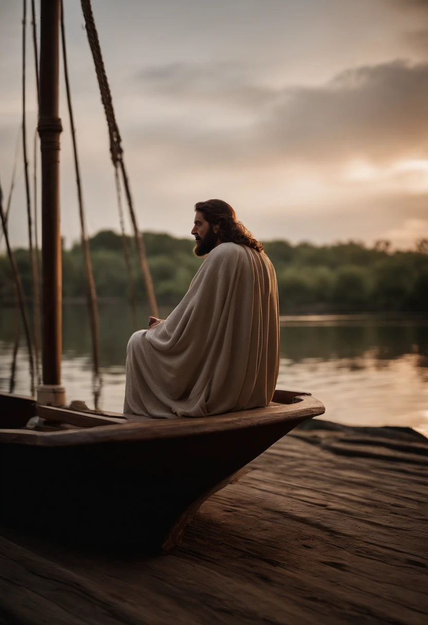 Jesus, sentado dentro de um barco de frente com as suas vestimentas , O barco tem um teto e ele tem uma vela ao lado, the boat is on a river, The bench he's sitting on is very humble;, Wise, cabelos compridos barba e bigode pretos