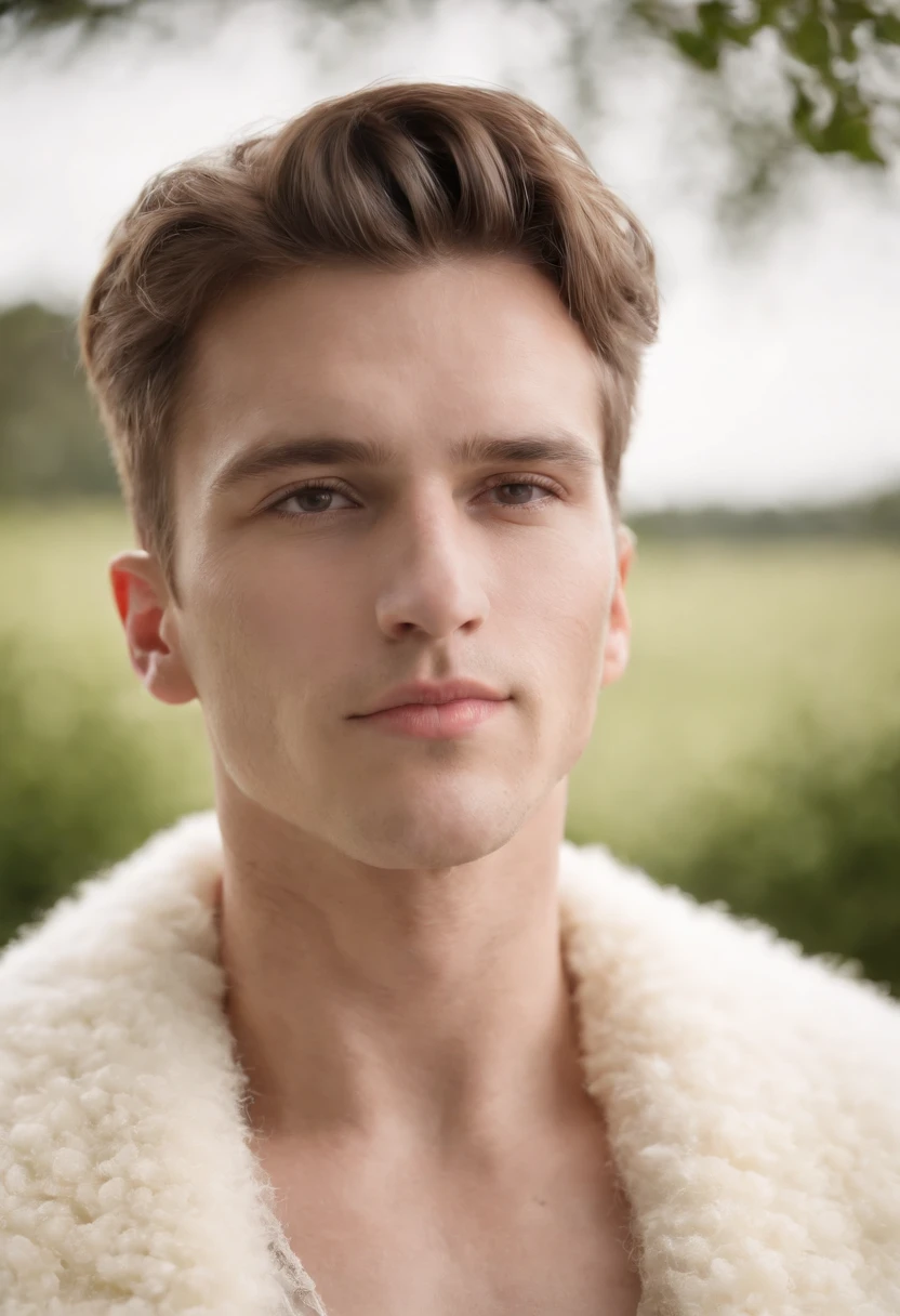 Portrait of a young and handsome man, 22 years, Dress dress made of white sheepskin, Frenzied face, Green field on a clearly focused background, Studio photography, intricately details, highly detailed, enamel,Mysterious lighting,Upper body