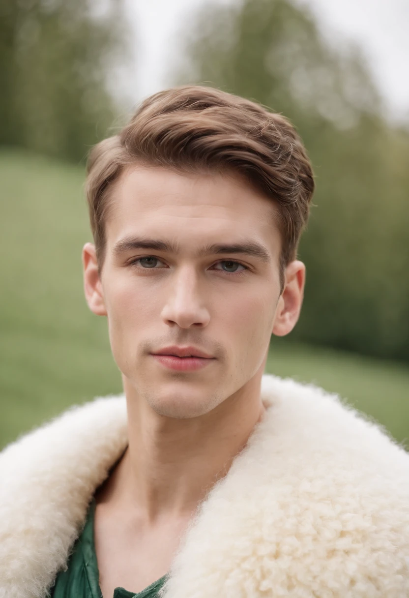 Portrait of a young and handsome man, 22 years, Dress dress made of white sheepskin, Frenzied face, Green field on a clearly focused background, Studio photography, intricately details, highly detailed, enamel,Mysterious lighting,Upper body