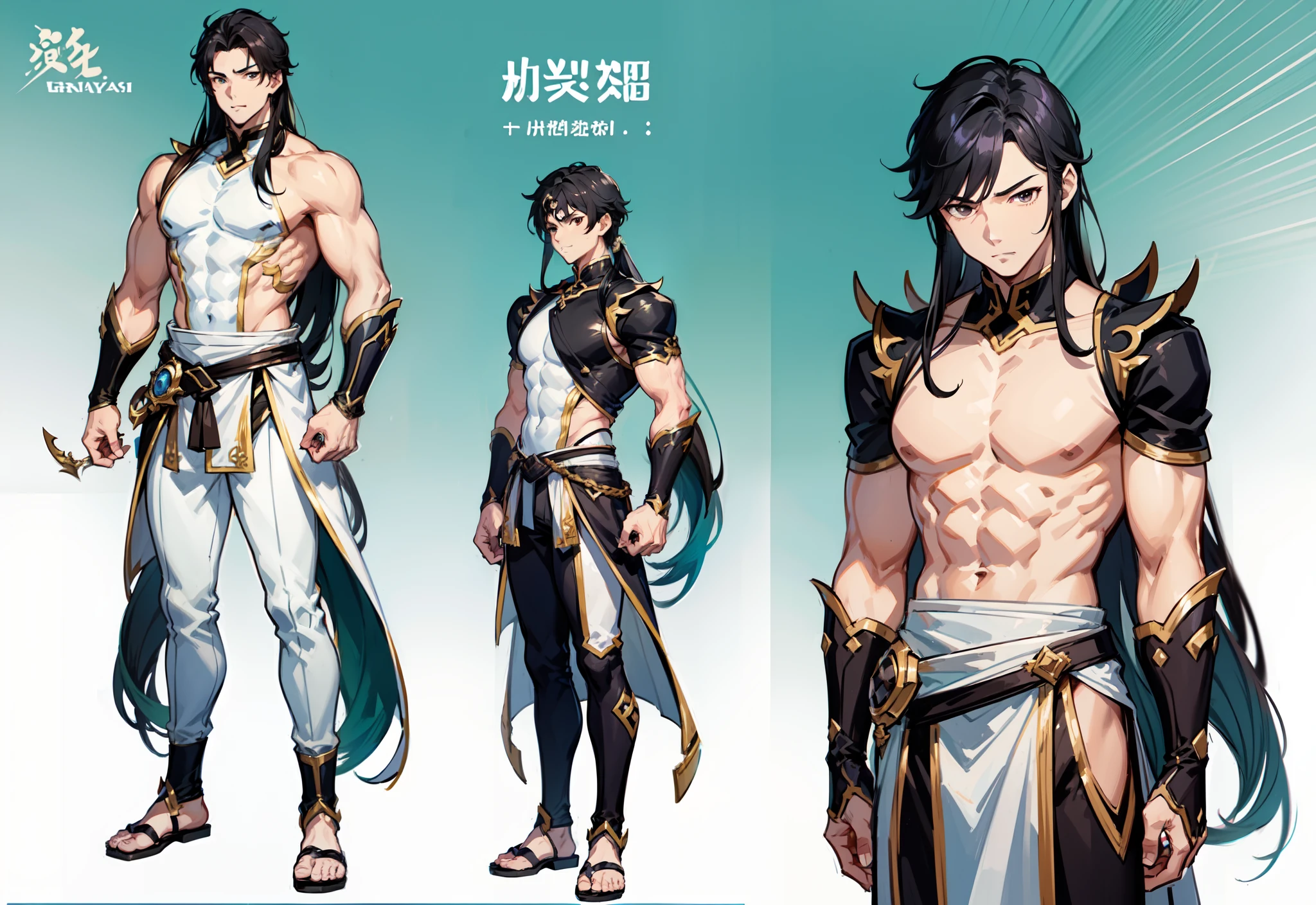 1boy, single, asian boy, in GRANBLUE FANTASY style and Yusuke Murata, reference sheet, character design, front angle, side angle, rear angle, dynamic poses, tall man, muscle tall male, muscle handsome (masterpiece:1.2), (best quality:1.3), fantasy outfit, muscle body, athletic muscle body. (Black eyes), (long hair), (long bangs), (black hair), (pale skin), (reference sheet:1.5)