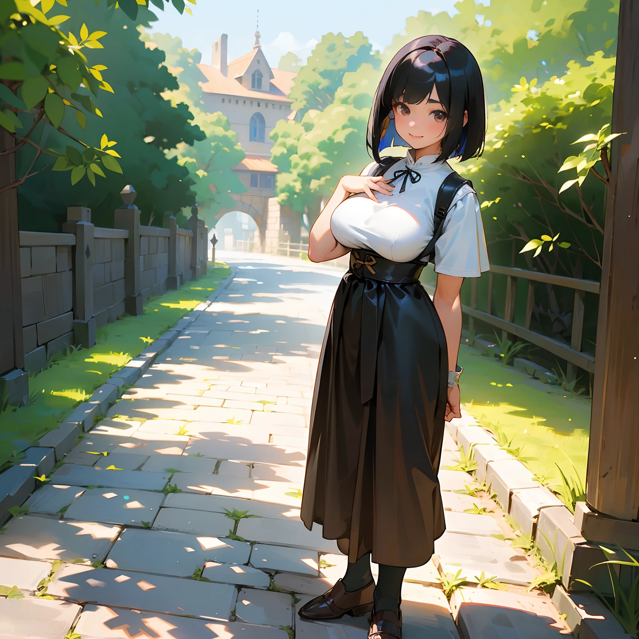 With the best image quality、 girl standing alone outdoors。In high resolution、Beautiful fine details、tranquil atmosphere。((Black Hair Bob Hair))、Cute smile。(((breasts are large)))、I don't have anything in my hands、realistic hand、Medieval European national costume with short sleeves、Medieval European Streets、Leather shoes。