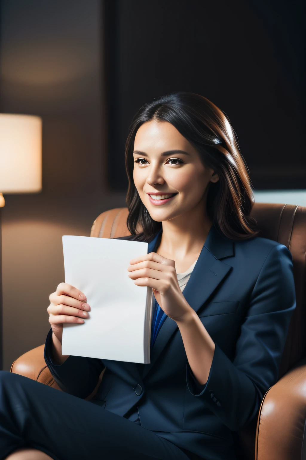 A professional photographic image of A handsome business woman sitting comfortably in the armchair, wearing a sophisticated dark suit, looking directly at the camera, highlighting his expressive face and her elegance, highly detailed, elegant, pinterest, artstation, smooth, sharp focus, 8k, full shot, 105mm portrait lens, holding notebook, (holding notebook), film grain, Fujifilm XT3 photorealistic painting art by midjourney and greg rutkowski, upper body, in camera studio with 3 flash, soft lighting, masterpiece, (blue, black, brown color palette), (smilling), (smilling face), ((document)), zoom out angle, woman, beauty, holding a paper with hands, ((paper))