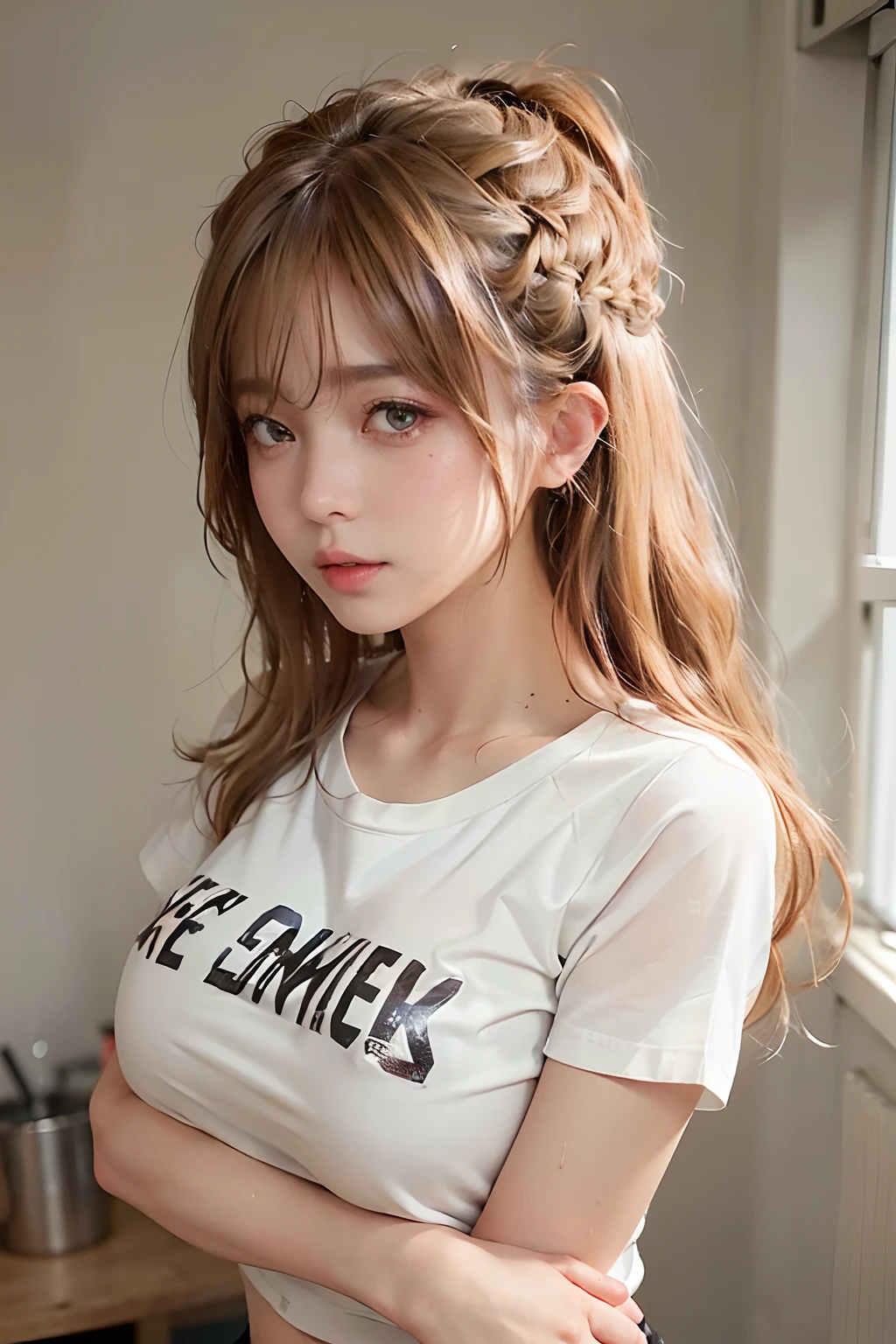 (1girl),large breasts, breasts, tan, dewy skin, sweaty skin, wavy blonde hair, punk tshirt, punk girl
