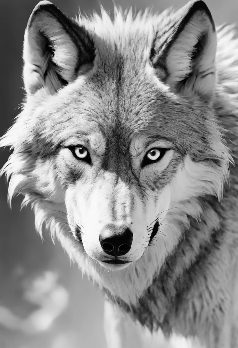 Wolf, style of Yoji Shinkawa, black and white, print, super detailed