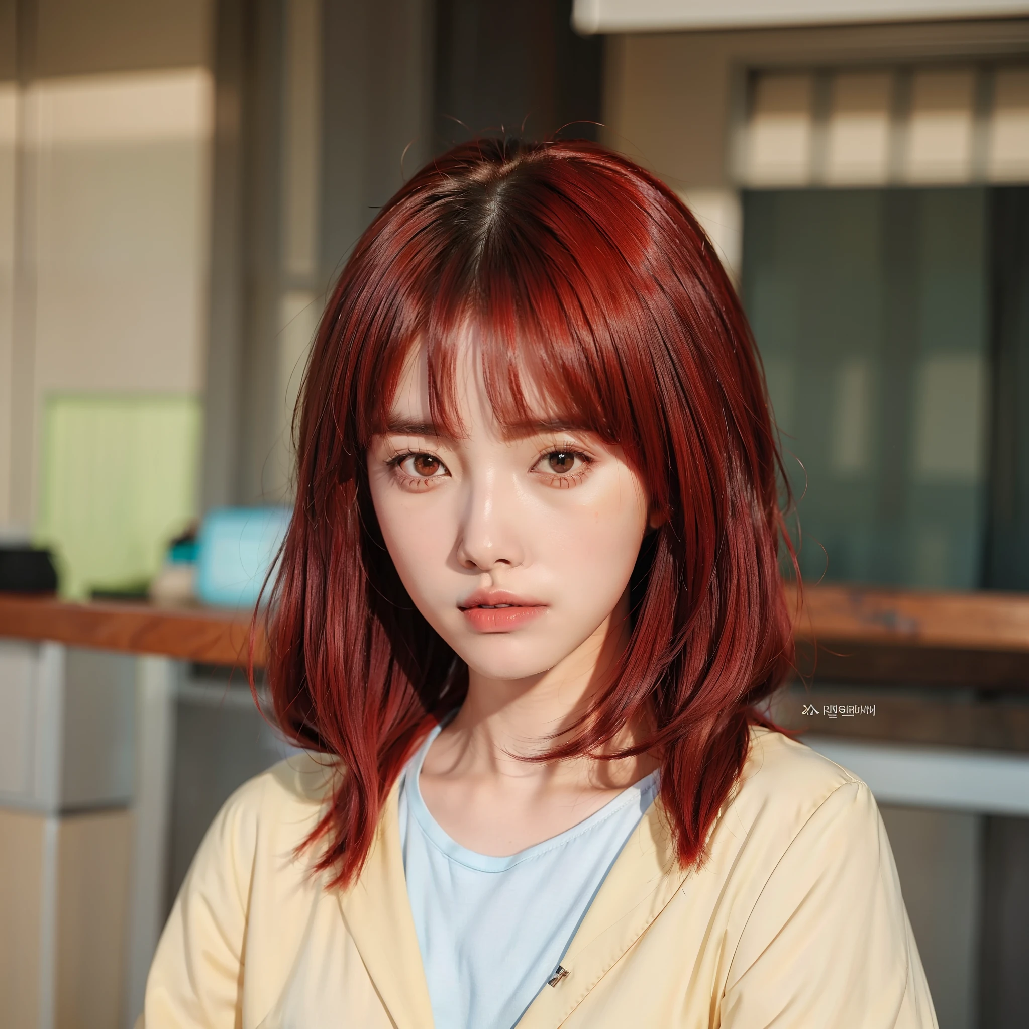Real life adaption of this character , Korean beautiful face ,realistic red hairstyle with bangs,realistic same outfit,hyper realistic,realism,realistic light,realistic shadow(photorealistic:1.2),