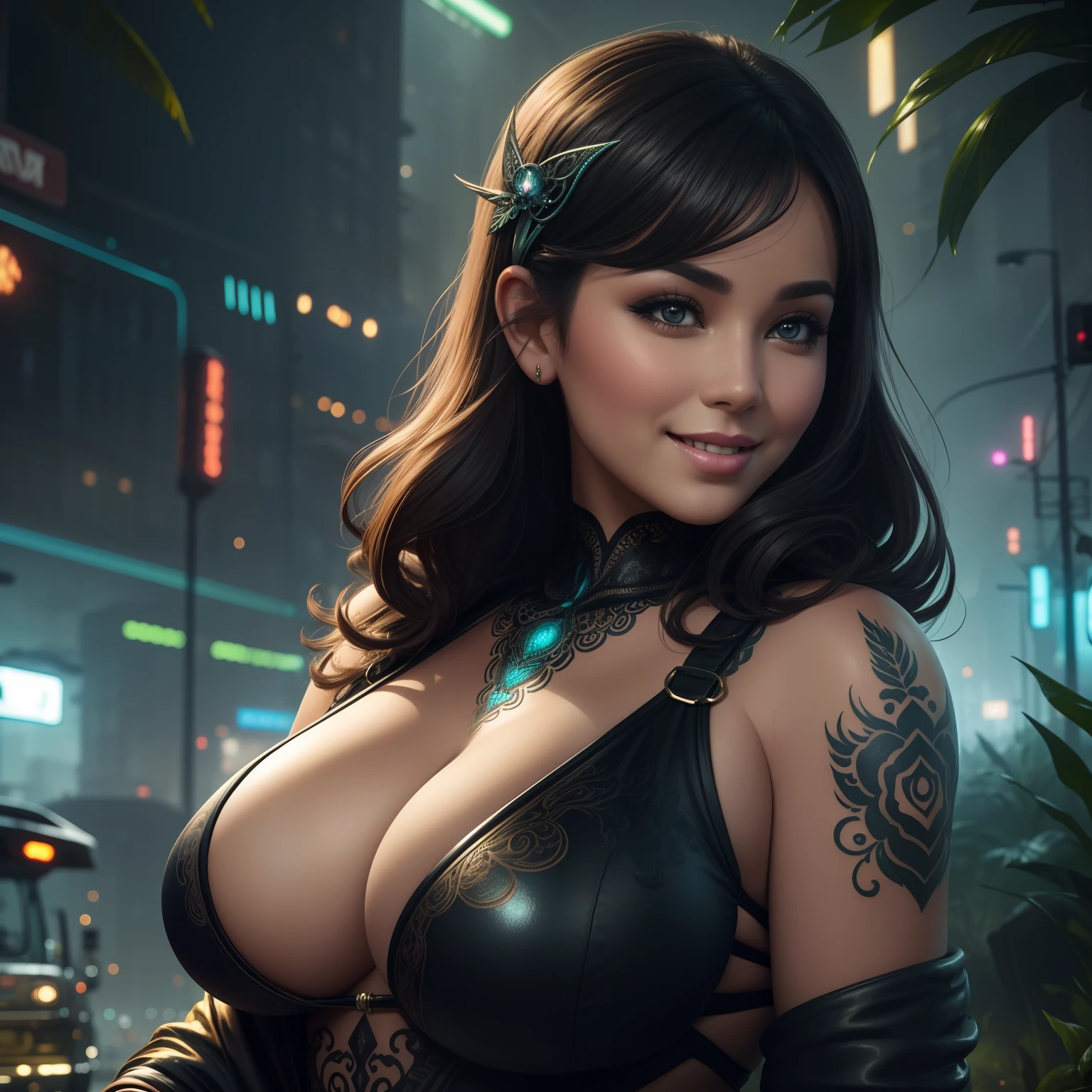 showing chubby cleavage, ull body  street  woman in an alien garden, serene nature, the whole body is covered with a filigree tattoo, digital painting, in the style of resolution blade runner, Big car background,smiling, sexy beautiful face, doe shape eyes, full lips. slim