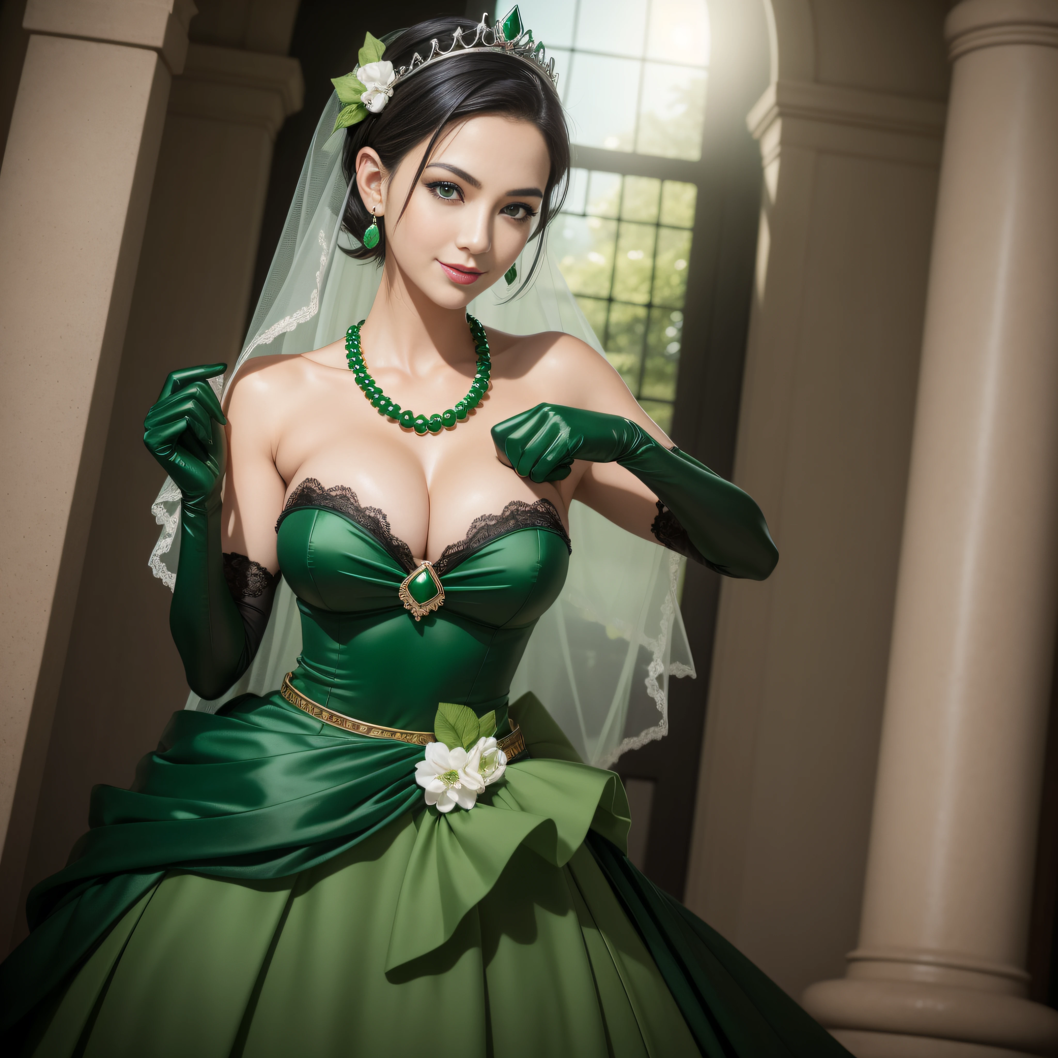 Boyish very short black hair, lipsticks, Japan woman smiling, Green Long Grove, Long green gloves made of satin material, lipsticks, Japan woman smiling, Satin green long gloves, emerald tiara, Green Pearl Necklace, verd s eyes, Green eyes, Long green gloves made of satin material, beautiful, Green Bridal Veil, Emerald Earrings, Green dress, Green eyes, Guts Pose