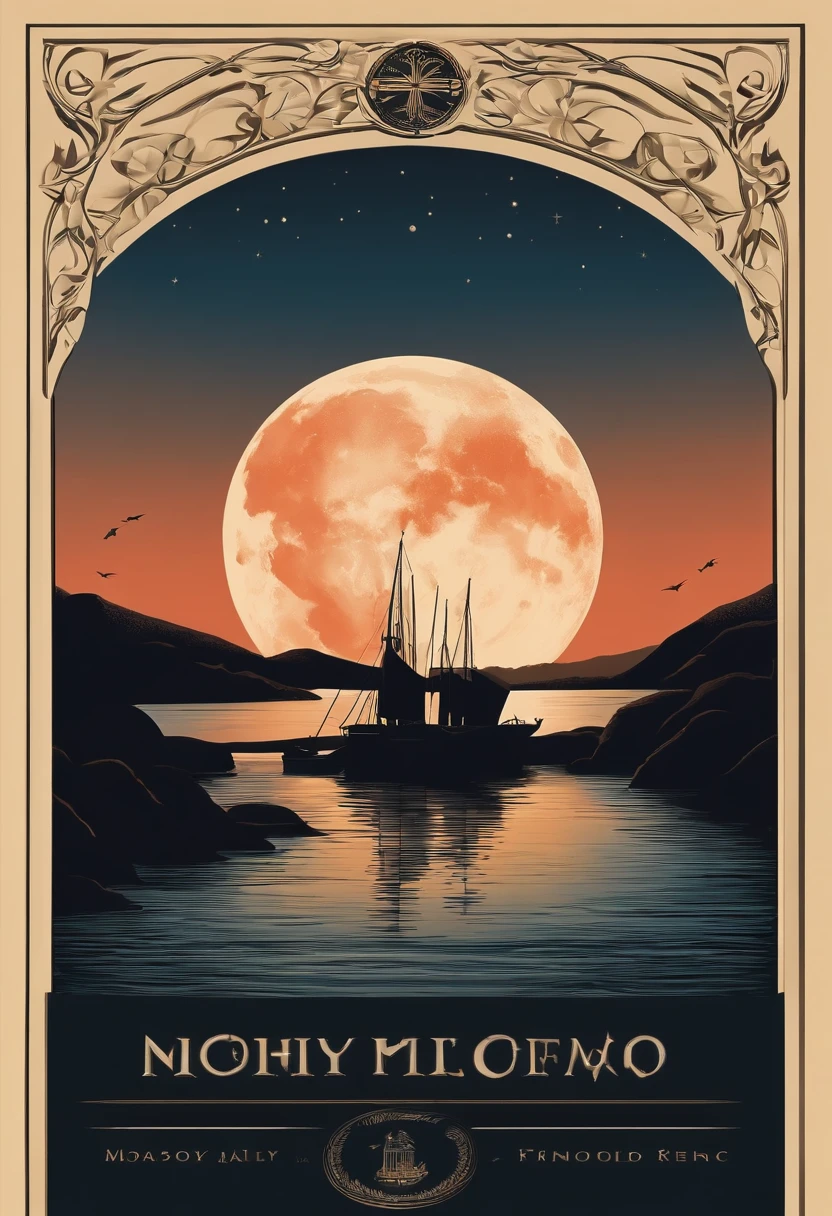 Noisy record covers,The main object is a bottle of high-end liquor,The background is the moon and the sea,The main color is warm,Simple style