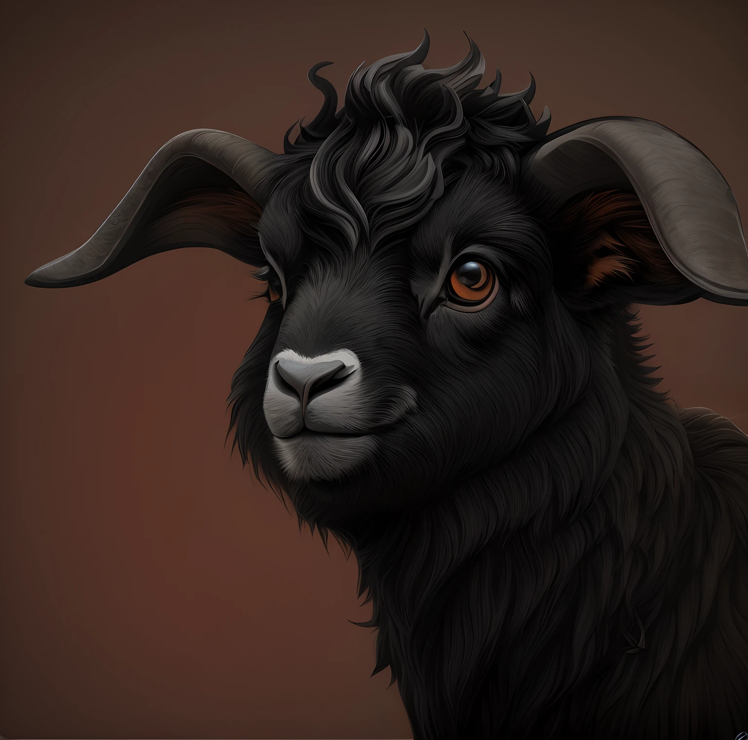 There is a black-headed black-nosed black goat, Goat A goat, digital painted, A high resolution, Extended image，Complete black goat head