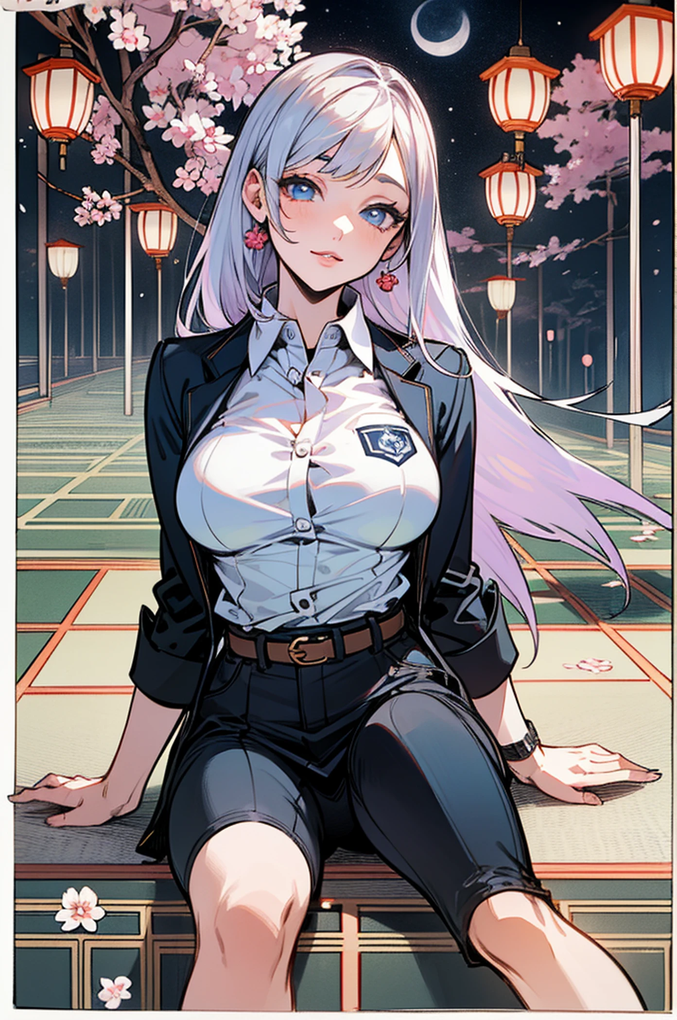 Anime girl in skirt and high heels sitting on the wall, Realistic Schoolgirl, a hyperrealistic schoolgirl, Ecchi anime style, Ecchi style, Rei Hiroe, Ecchi, beautiful anime high school girl, masutepiece, Best Quality, Night, fullmoon, 1 girl, Mature Woman, Chinese style, Ancient China, sisterhood, royal sisters, Cold expression, Faceless, Woman with long silvery-white hair, Light pink lips, Calm, Intellectual, 3 belts, gray pupils, Assassin, Flower lantern, Carrying lanterns, Flower ball background, Take a walk through the street landscape, girl, tall, Hidden arms, Blue_And_Green hair, Detailed clean eyes, navy Blue eyes, Evil smile, medium boobs, long areola, mid-waist, Split abdomen, medium thigh, School uniform, Long black stockings, detailed clothes, Sexy Pose, masutepiece, Hyper realistic,1girl, camisa manga larga, black pant, sentada, Las mejores sombras, (highest qualityr, Detalles asombrosos:1.25), Pinturas coloridas brillantes, Arte lineal