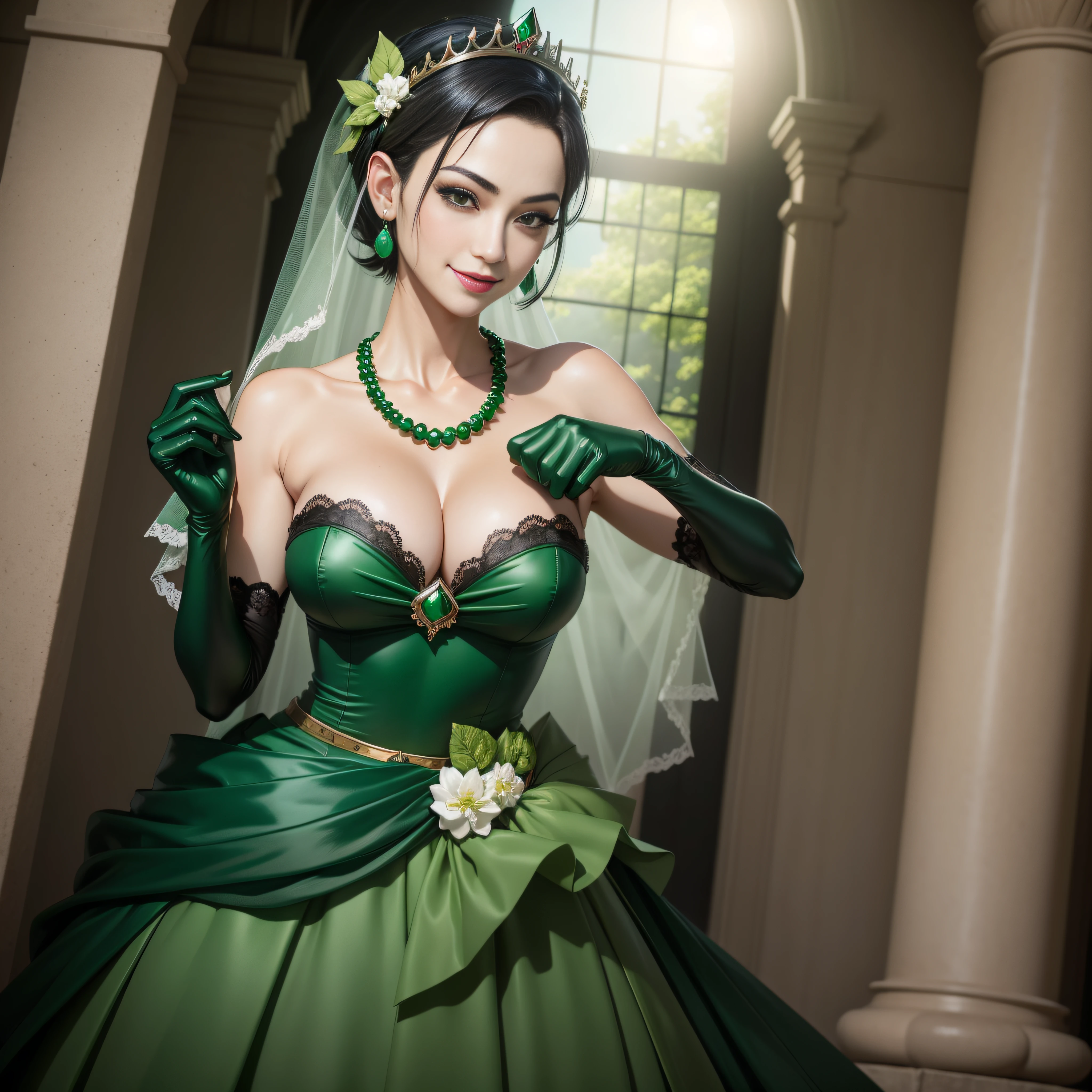 Boyish very short black hair, lipsticks, Japan woman smiling, Green Long Grove, Long green gloves made of satin material, lipsticks, Japan woman smiling, Satin green long gloves, emerald tiara, Green Pearl Necklace, verd s eyes, Green eyes, Long green gloves made of satin material, beautiful, Green Bridal Veil, Emerald Earrings, Green dress, Green eyes, Guts Pose