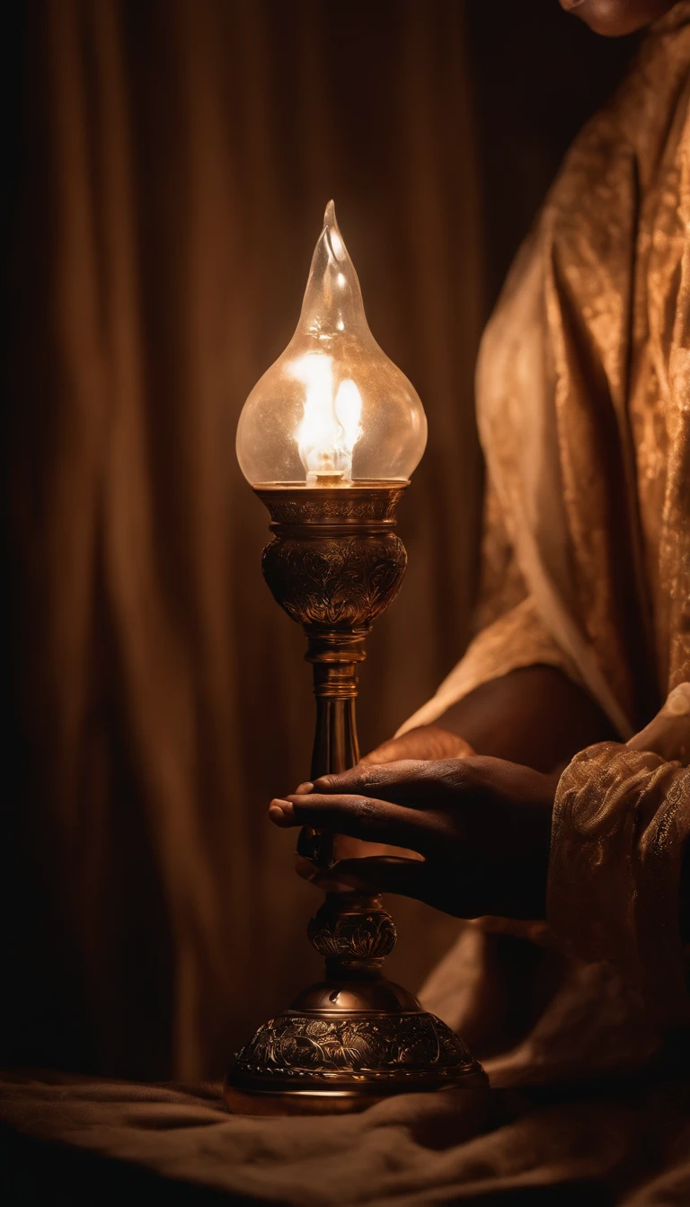 a hand eats black skin , unhas longas coma cor preta, holding a lamp with hyper-emotional golden glow, epic cinematic lighting, 8K分辨率, filmado em Hasselblad H6D-400c Multi-shot, Mitakon Speedmaster 65mm f/1. 4 XCD