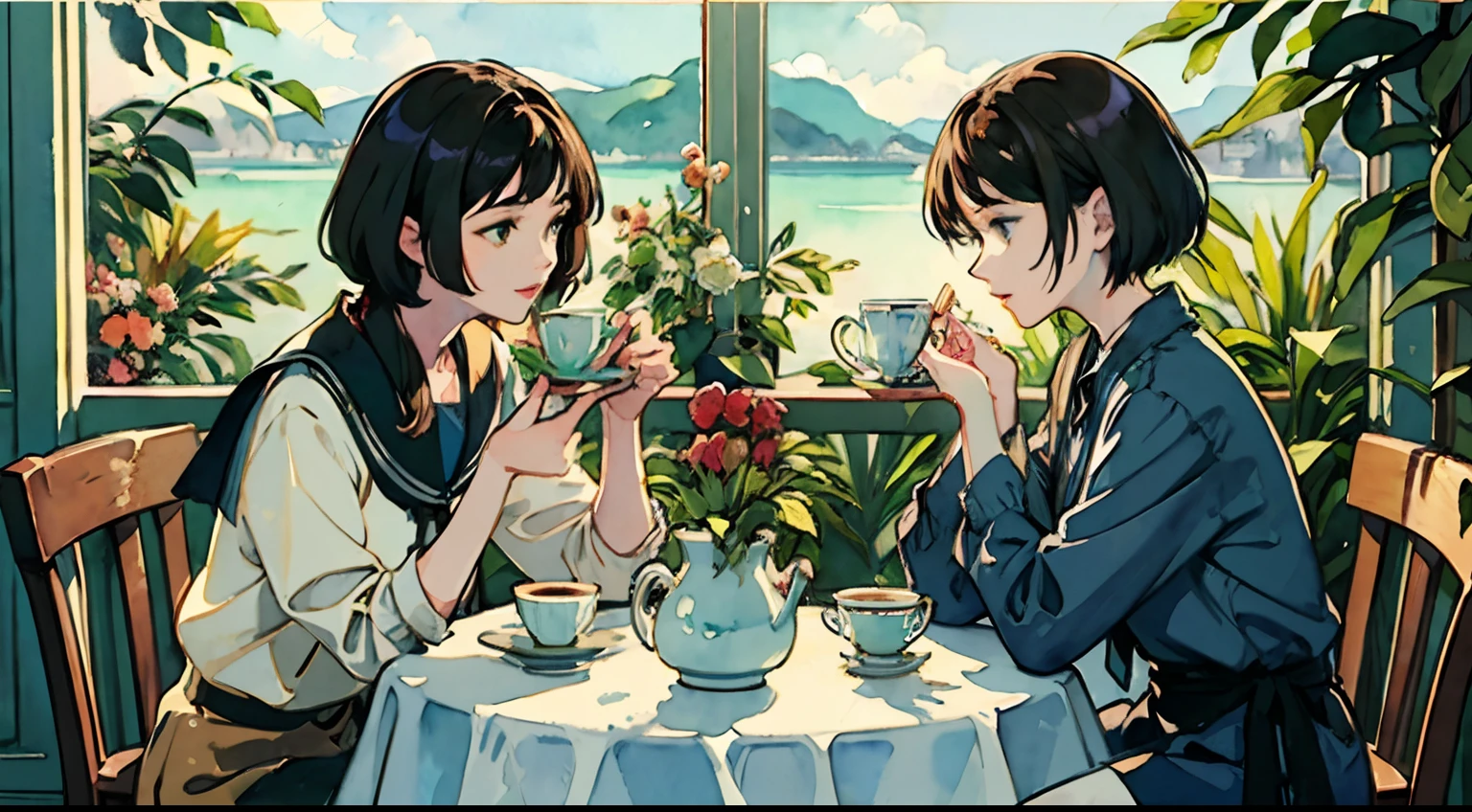 ((Watercolor by singer Sargent))、(top-quality、masterpiece)、Delicate, In coffee, tea set、 Plants, The table, Two girls drinking coffee,Semi-long and short-cut hair、sea side、soft sunlight、