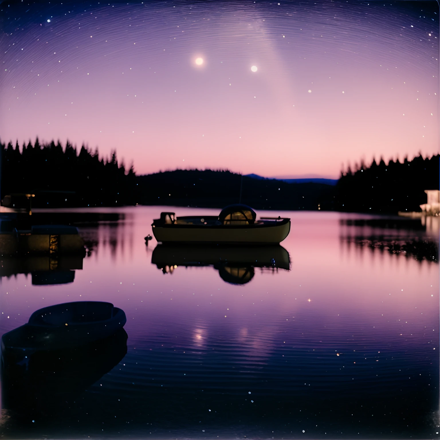 There is a boat that is floating on the water at night, [Bioluminiscense, Foto Polaroid de calidad mejorada, stars reflecting in the water, Tomada con Polaroid Kodak Portra, cielo nocturno reflejado en el agua, dream scene, Analog color photography, Polaroid color photography, Polaroid of a dream, por Anson Maddocks, Dream sequence, Dream night