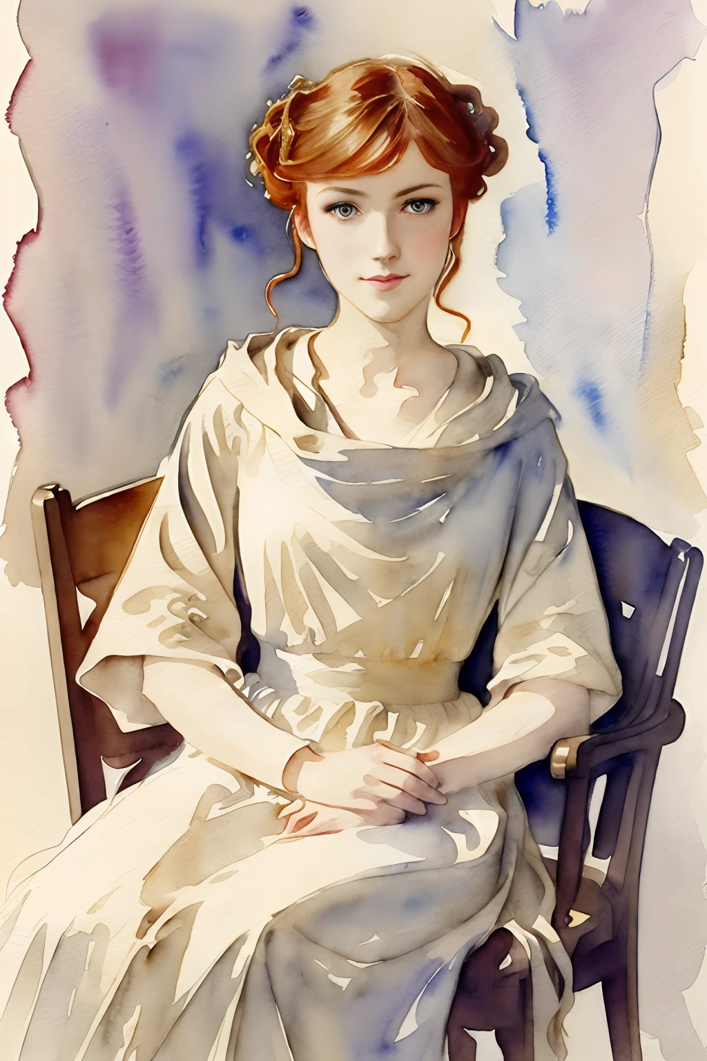 (((watercolor painting by singer sargent))) 21 year old beautiful woman, spaghetti strap dress, redhead, ((corkscrew hairstyle)) (((up turned eyes))) (((looking at viewer))) happy feminine smile, cloak and hoodie ((low saturation color))